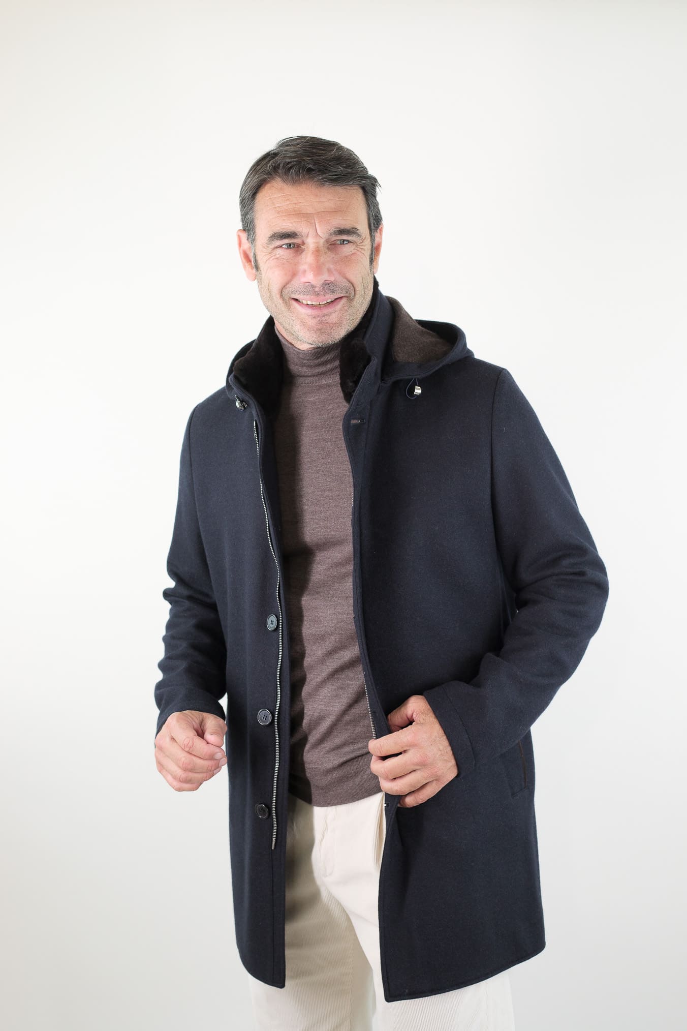 MANDELLI Cappotto Jersey Cashmere Visone Cappuccio Blu