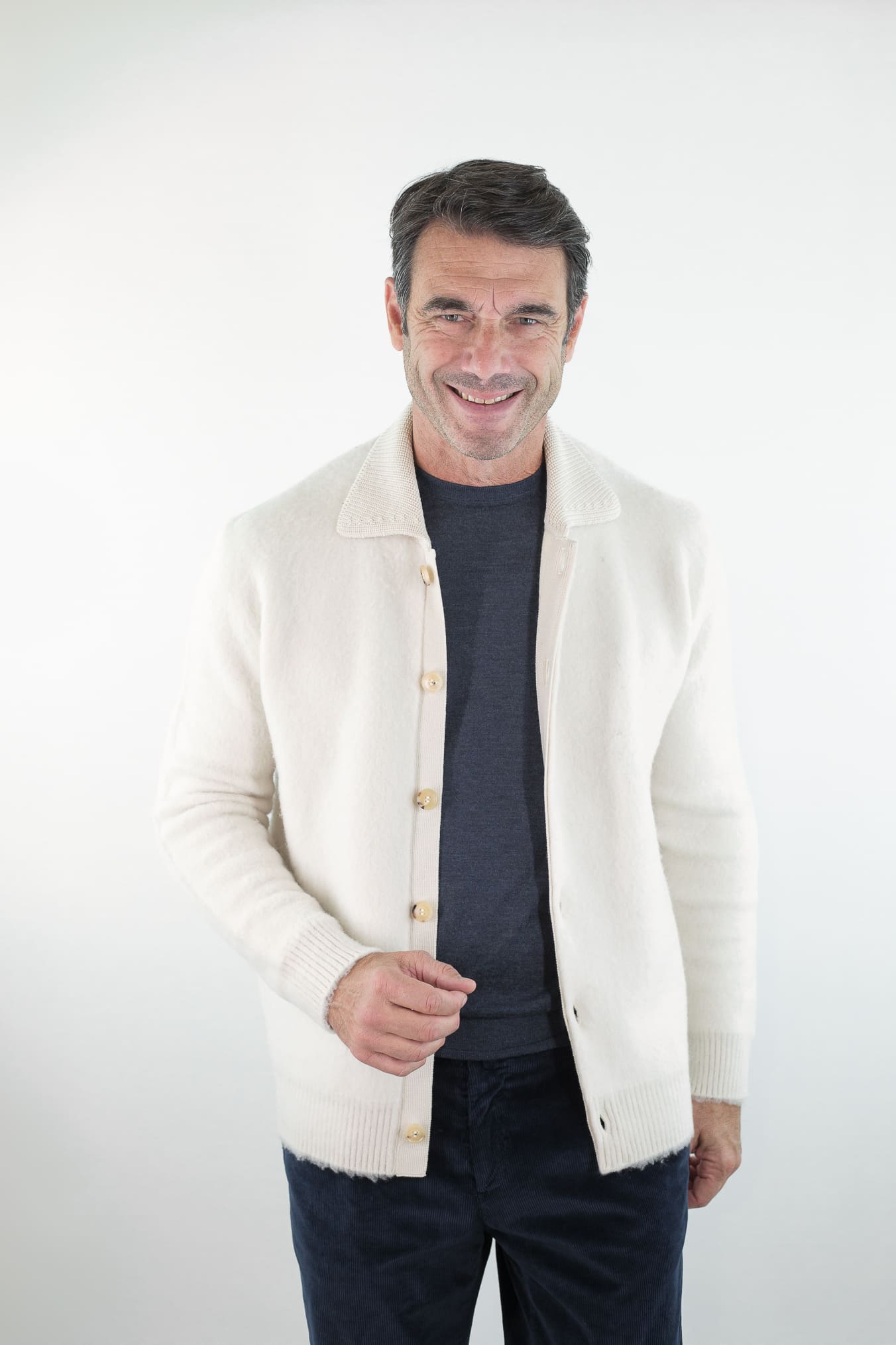 PIACENZA CASHMERE Cardigan Lana Grattata Bianco Panna
