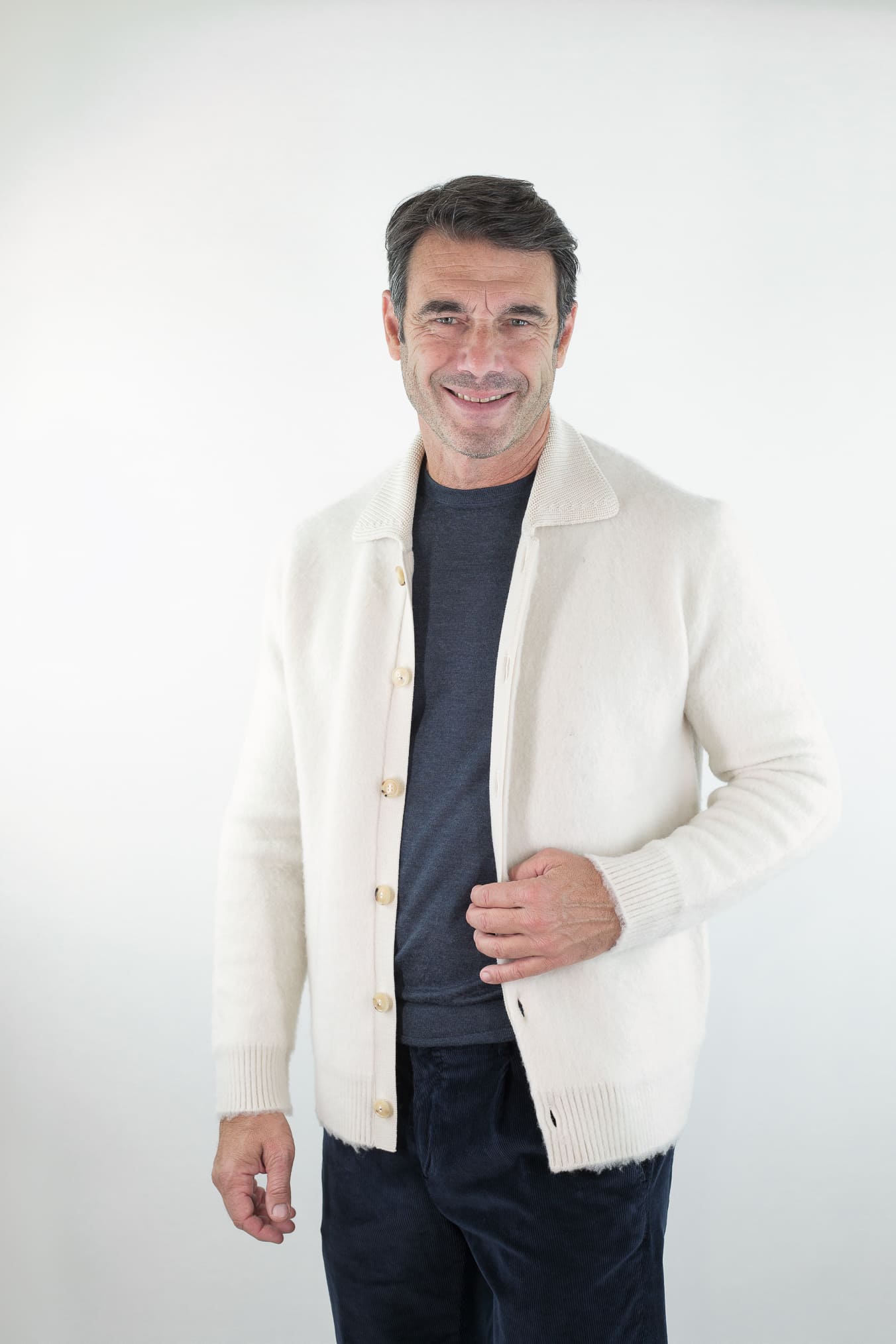 PIACENZA CASHMERE Cardigan Lana Grattata Bianco Panna