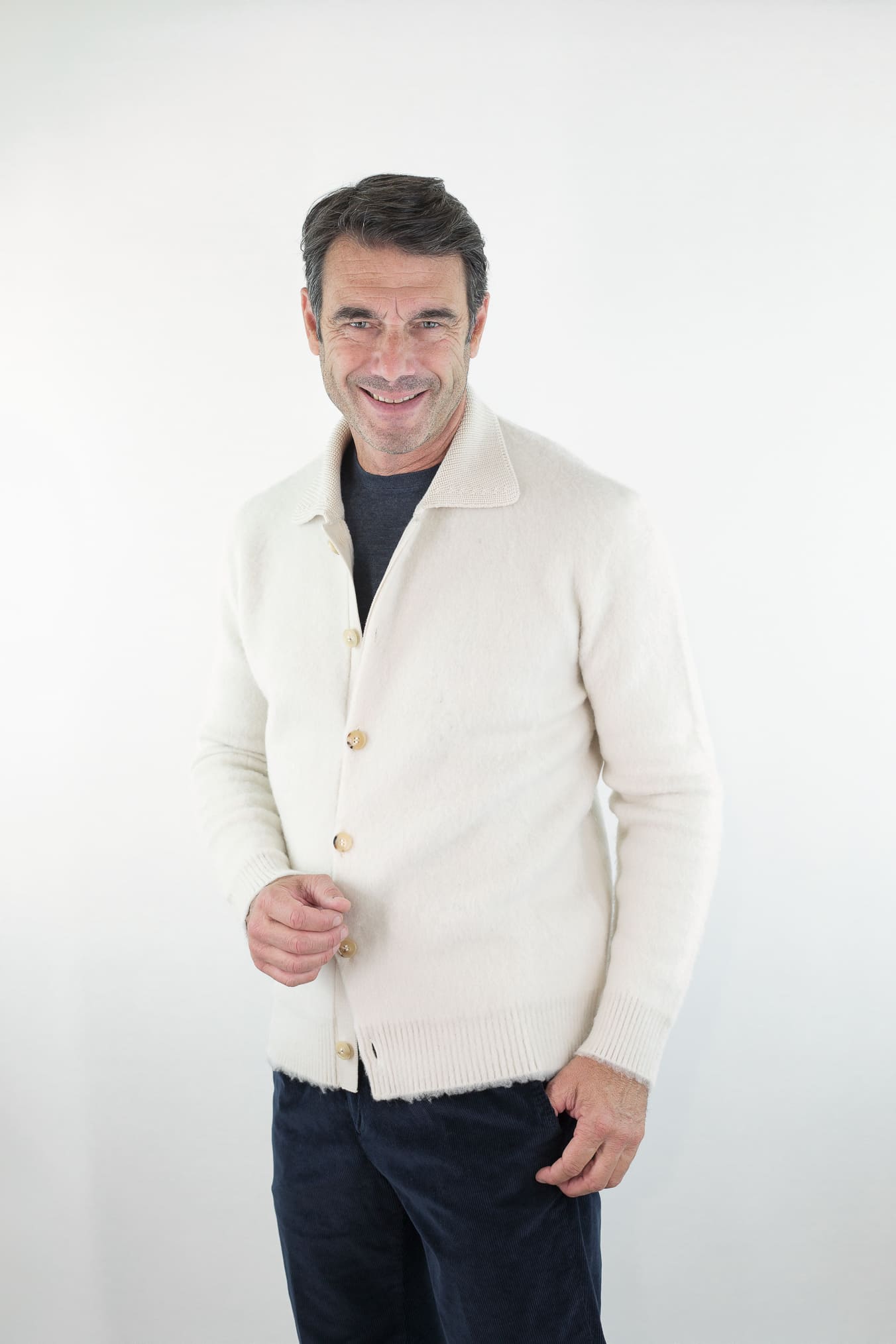 PIACENZA CASHMERE Cardigan Lana Grattata Bianco Panna
