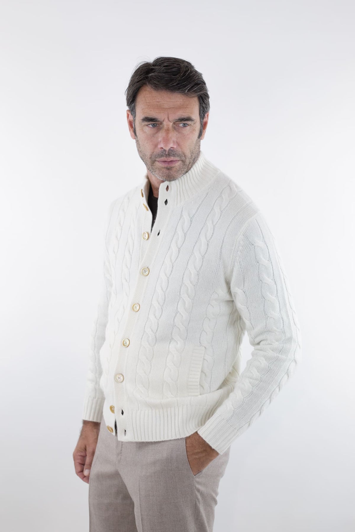 BRAMANI Cardigan a Trecce Cashmere Bianco