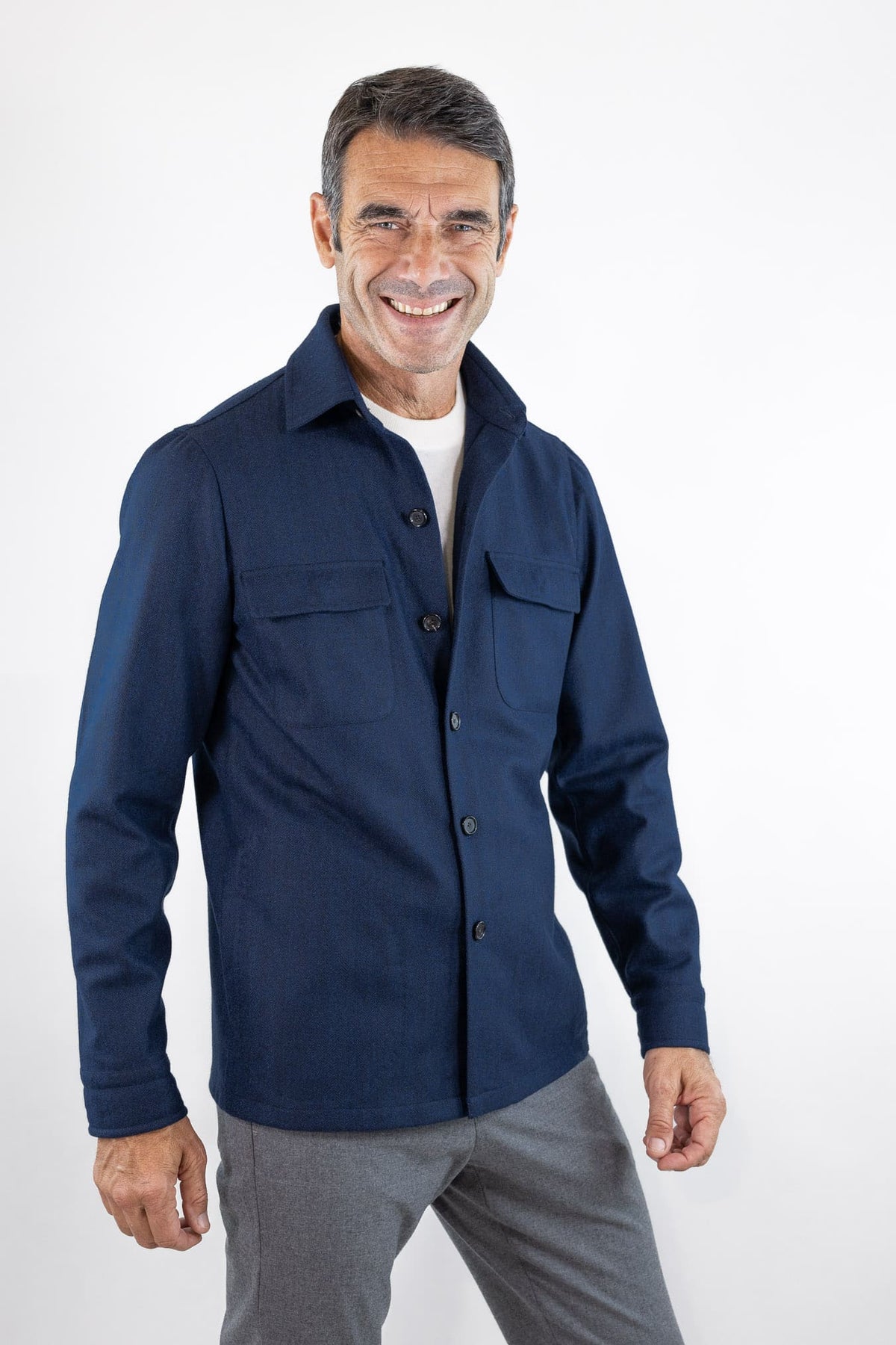 CESARE ATTOLINI Overshirt Spigata Tessuto Drapperia Lana Blu