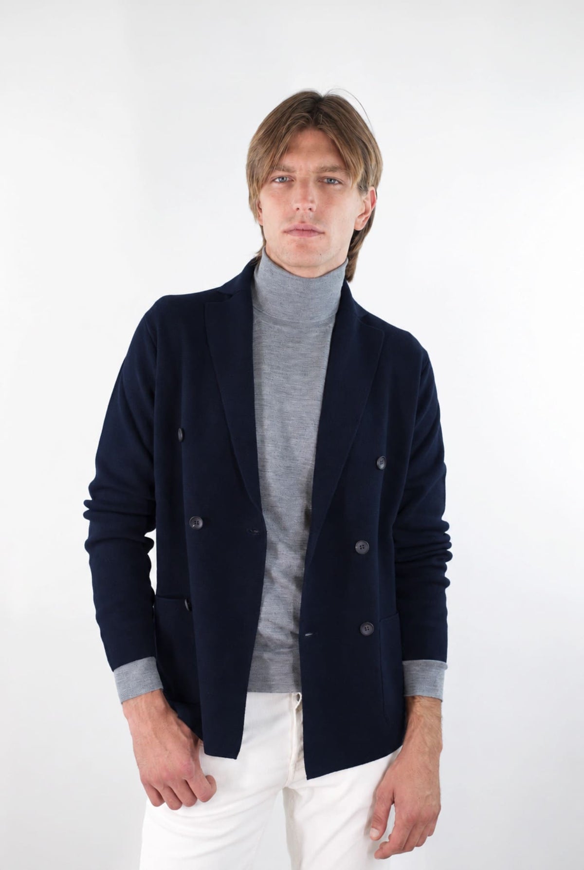 GUARINO Giacca Maglia Doppiopetto Lana Blu Scuro