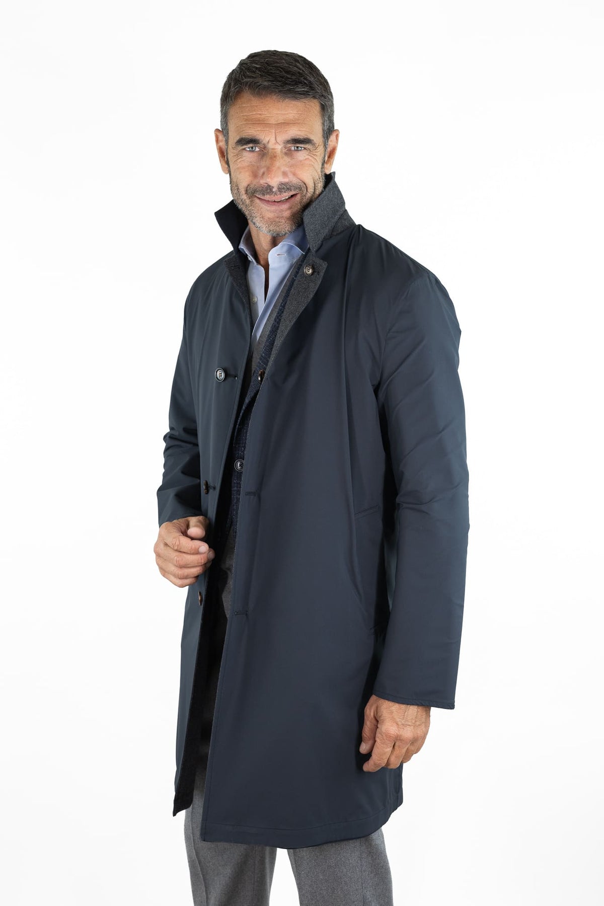 KIRED Cappotto Reversibile Lana Cashmere Spigato Grigio Scuro Nylon Blu