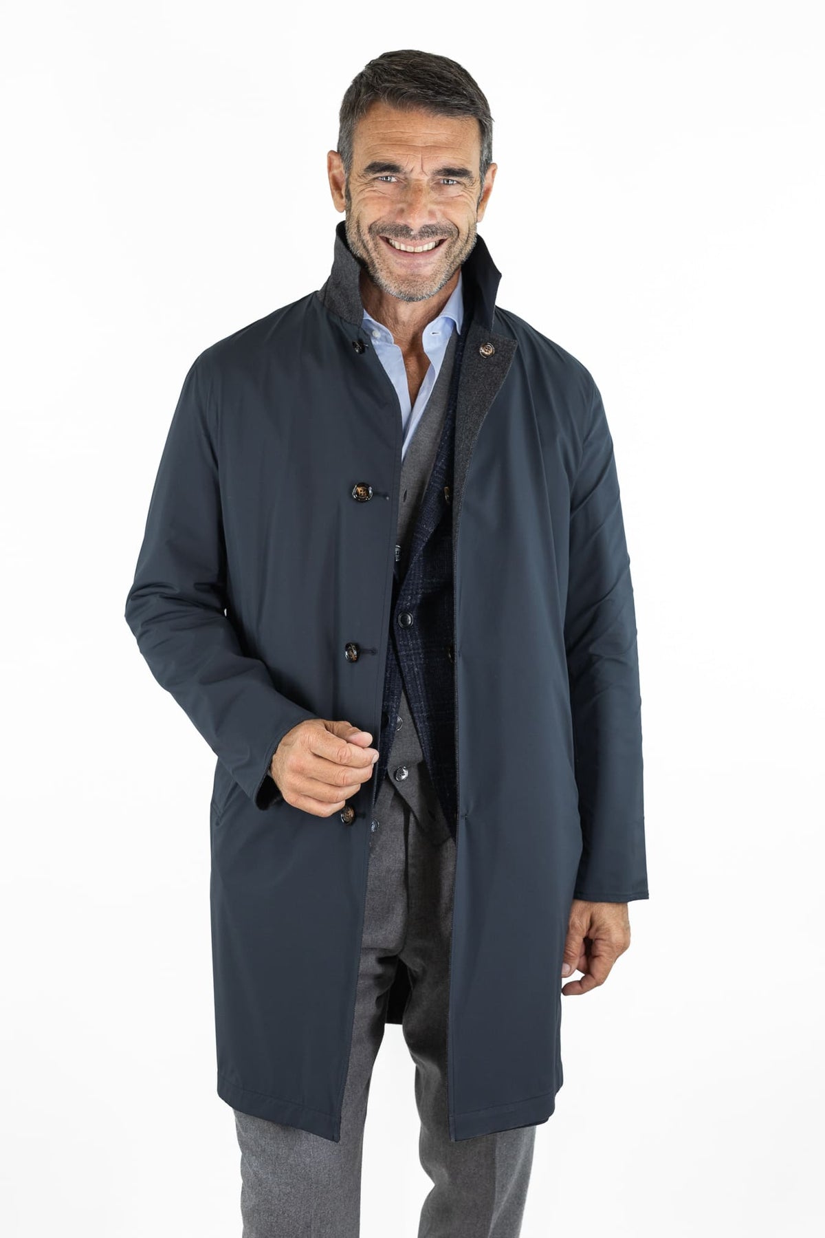 KIRED Cappotto Reversibile Lana Cashmere Spigato Grigio Scuro Nylon Blu