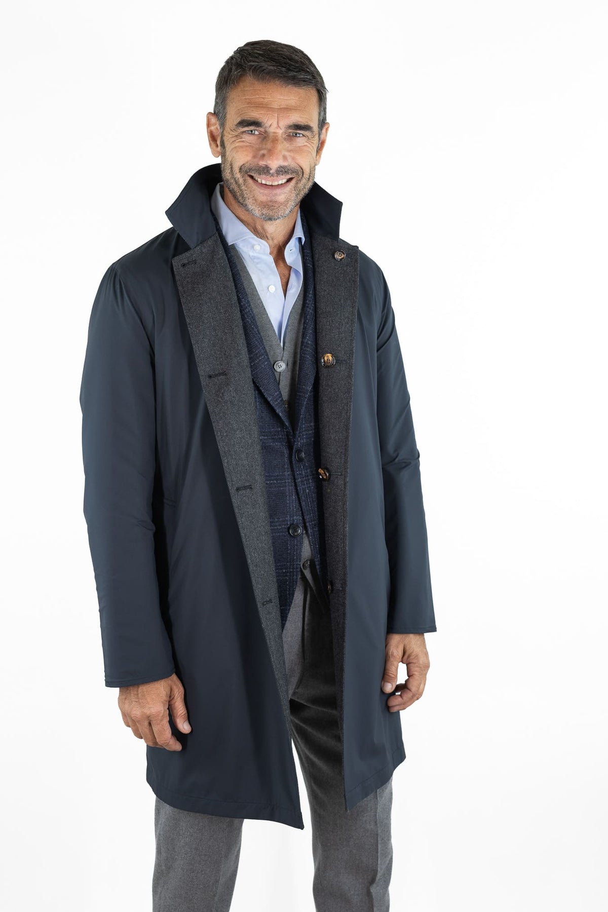 KIRED Cappotto Reversibile Lana Cashmere Spigato Grigio Scuro Nylon Blu