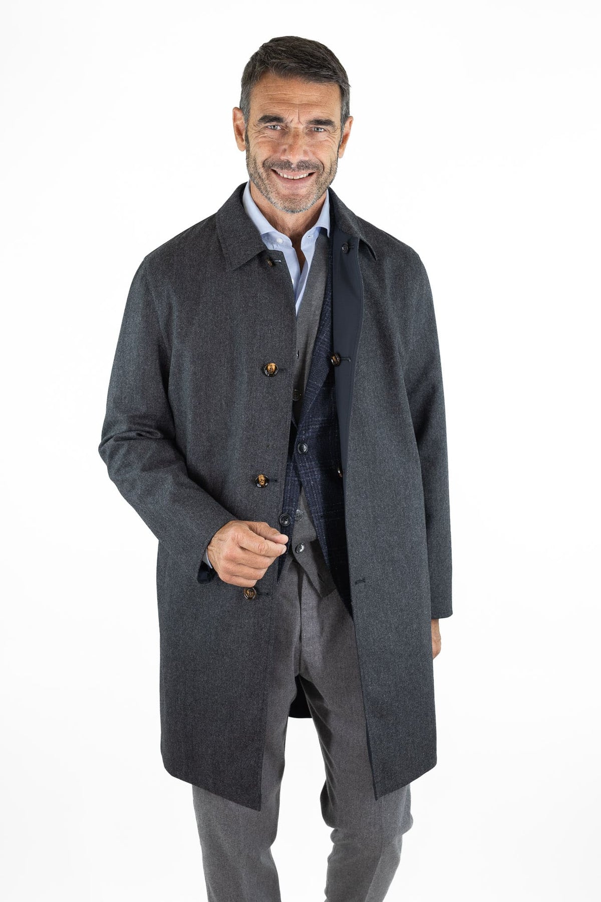 KIRED Cappotto Reversibile Lana Cashmere Spigato Grigio Scuro Nylon Blu