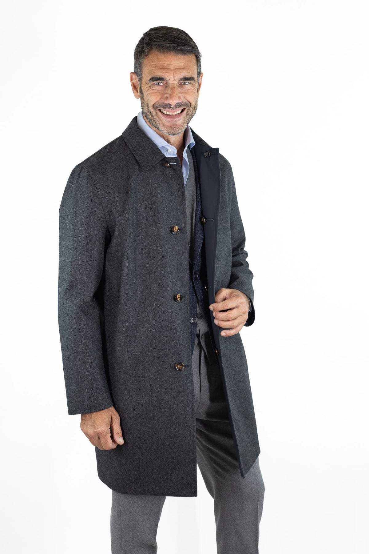 KIRED Cappotto Reversibile Lana Cashmere Spigato Grigio Scuro Nylon Blu