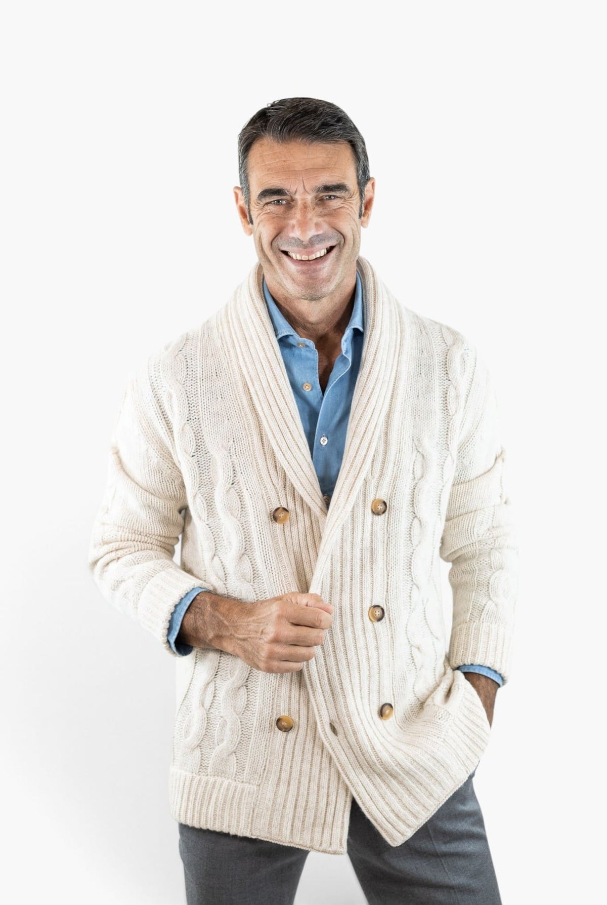 SETTEFILI CASHMERE Cardigan Doppiopetto a Trecce Lana Cashmere Panna