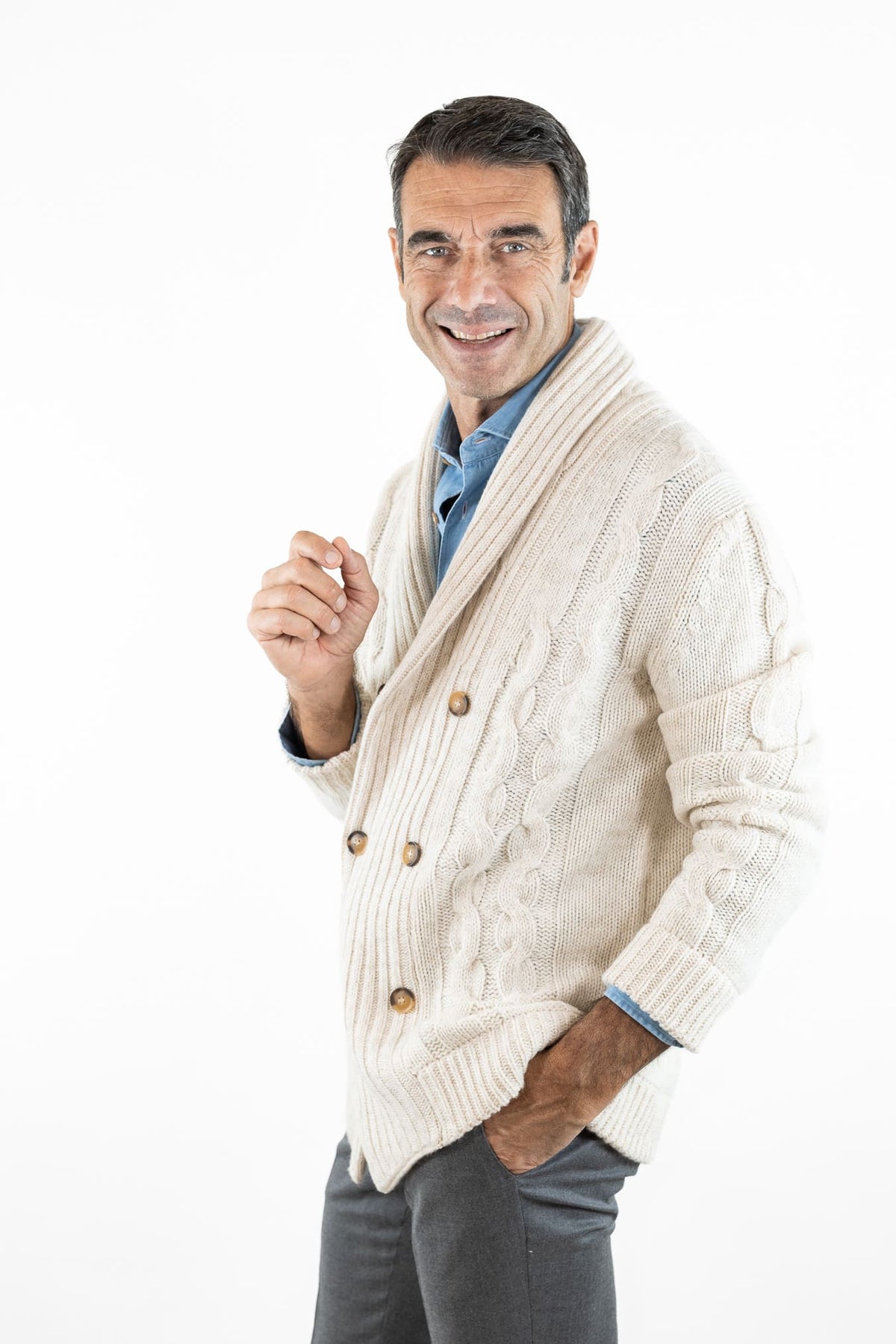 SETTEFILI CASHMERE Cardigan Doppiopetto a Trecce Lana Cashmere Panna