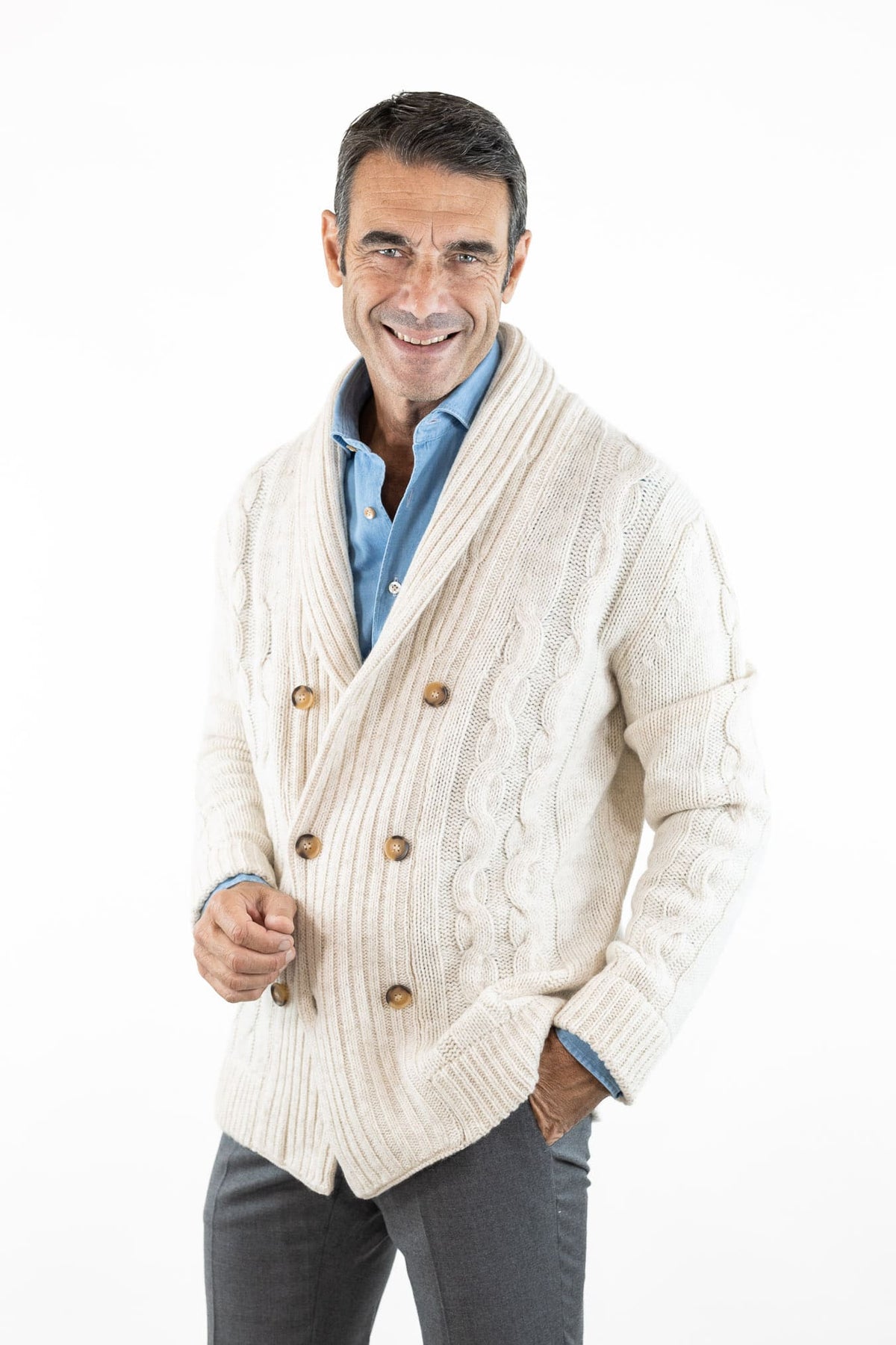 SETTEFILI CASHMERE Cardigan Doppiopetto a Trecce Lana Cashmere Panna