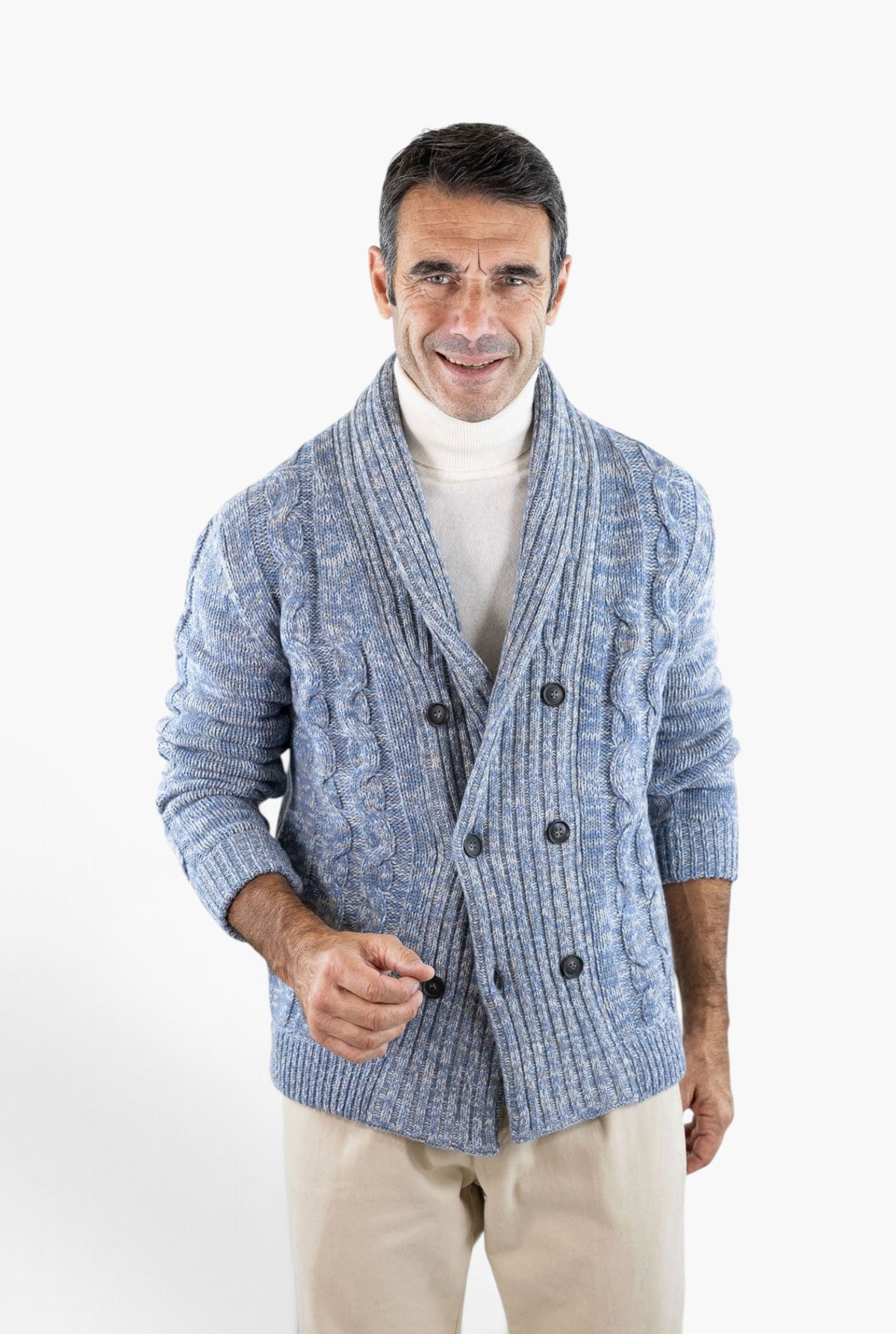 SETTEFILI CASHMERE Cardigan Doppiopetto a Trecce Lana Cashmere Azzurro Mélange