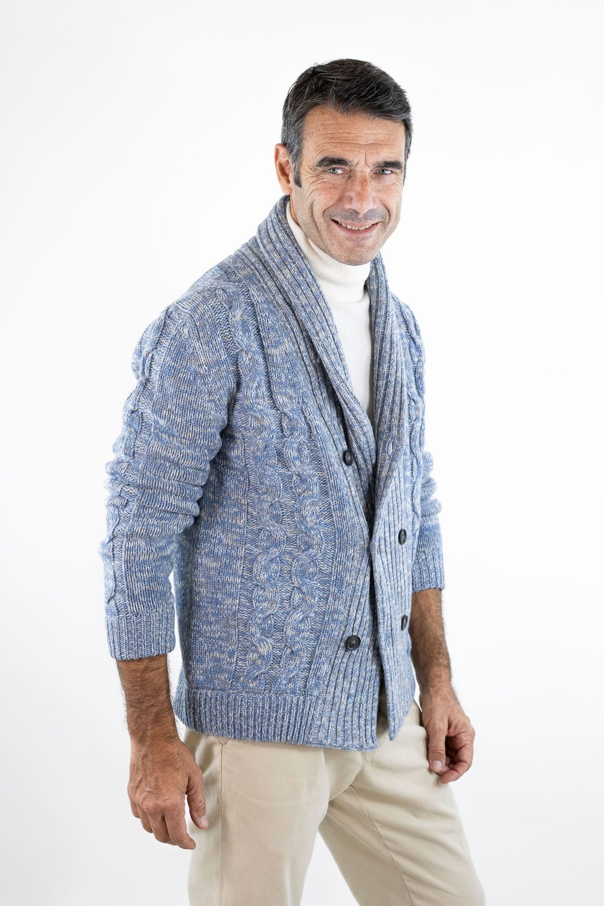 SETTEFILI CASHMERE Cardigan Doppiopetto a Trecce Lana Cashmere Azzurro Mélange