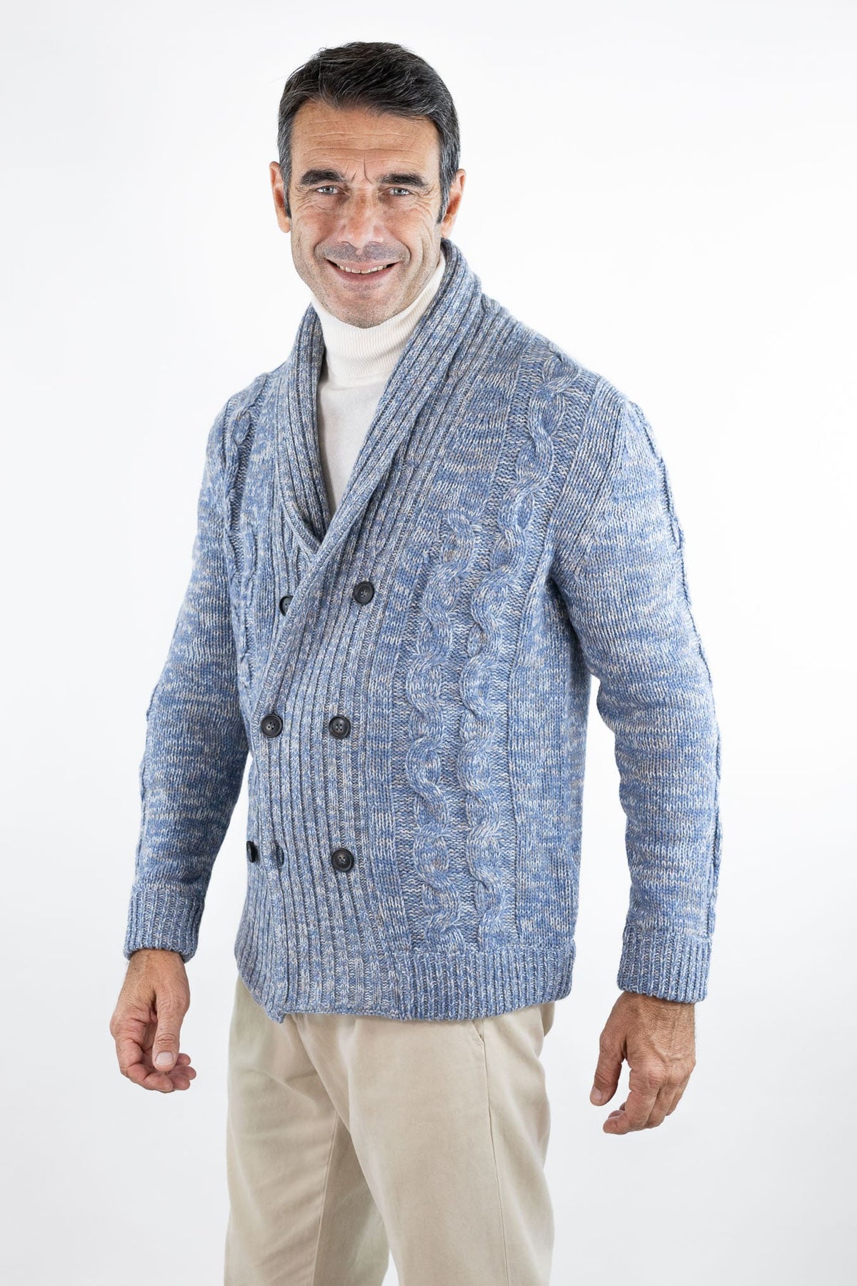 SETTEFILI CASHMERE Cardigan Doppiopetto a Trecce Lana Cashmere Azzurro Mélange