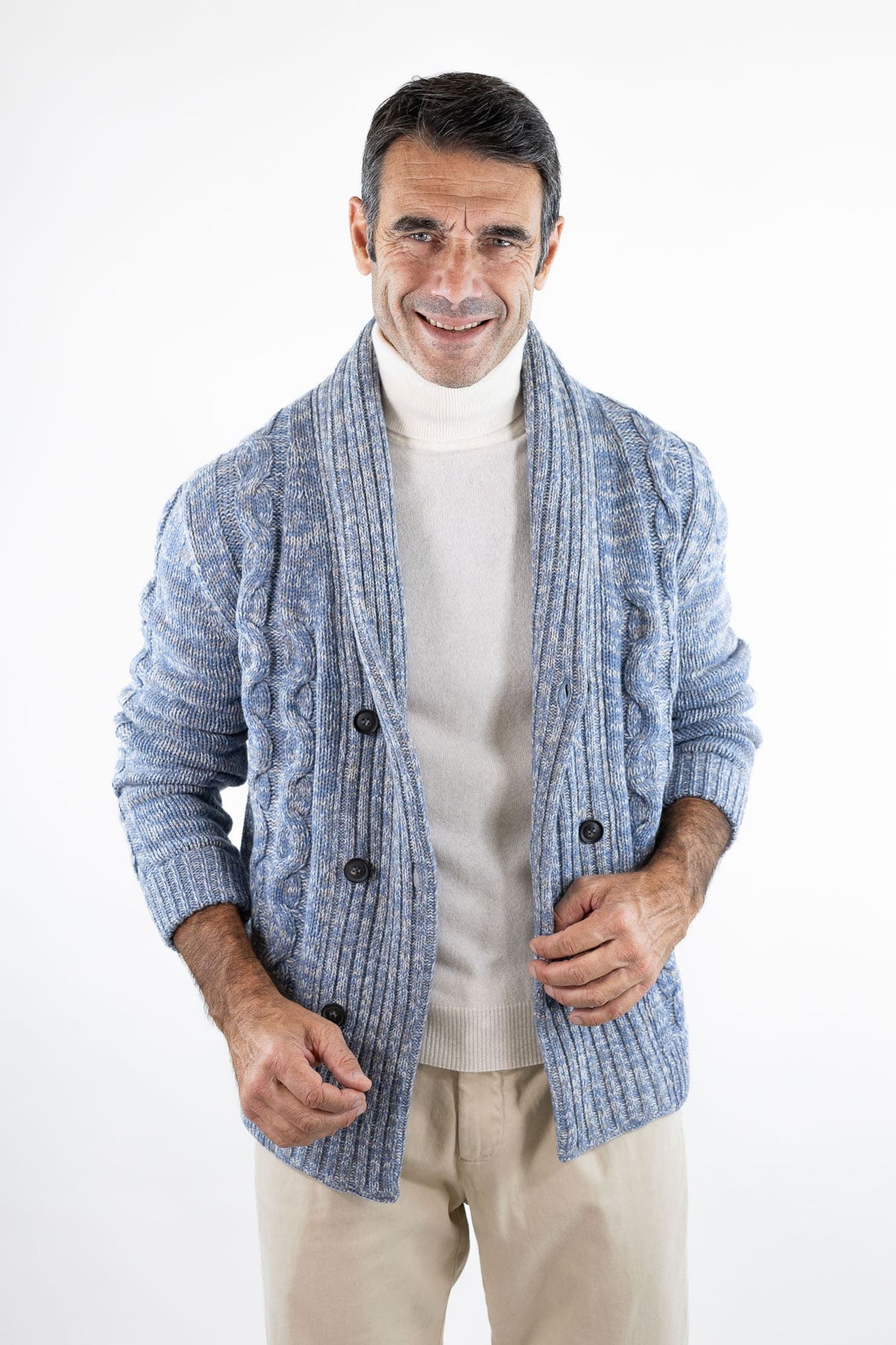 SETTEFILI CASHMERE Cardigan Doppiopetto a Trecce Lana Cashmere Azzurro Mélange