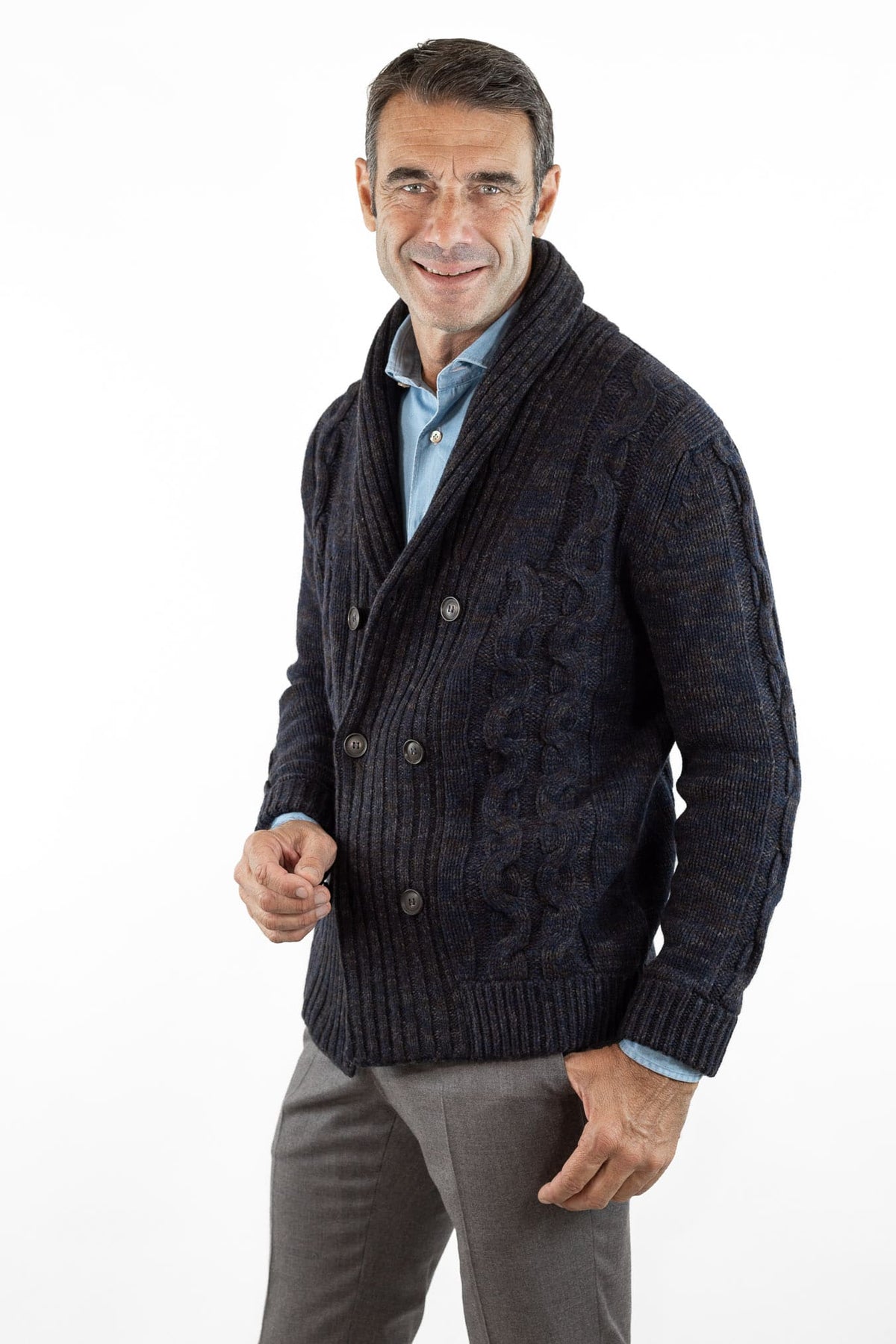 SETTEFILI CASHMERE Cardigan Doppiopetto a Trecce Lana Cashmere Mélange Blu Moro