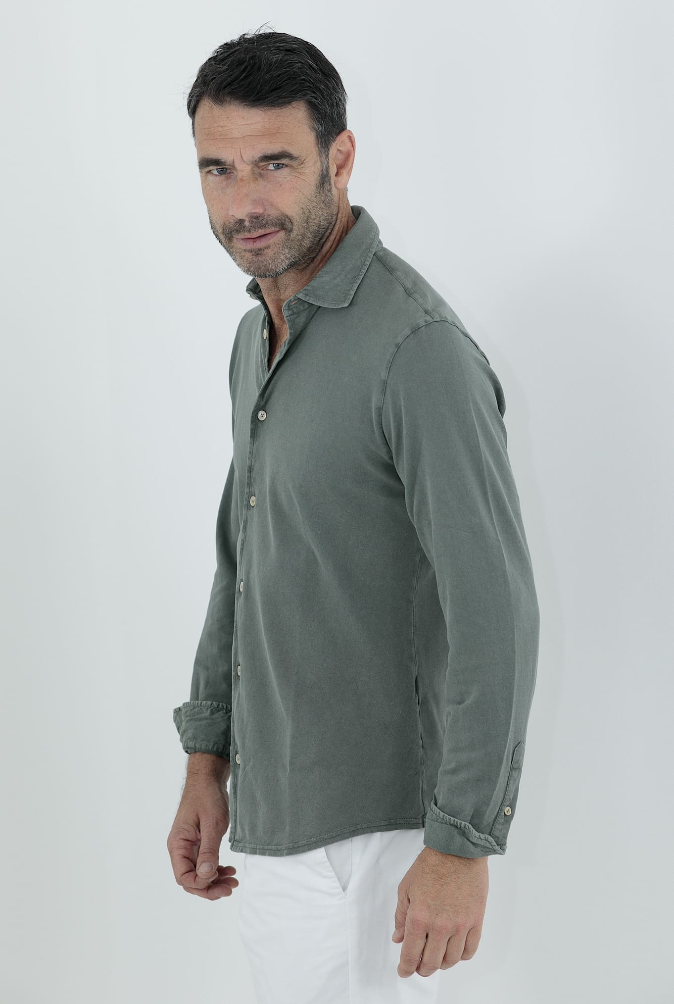 FEDELI Camicia Cotone Piquet Frosted Verde Salvia