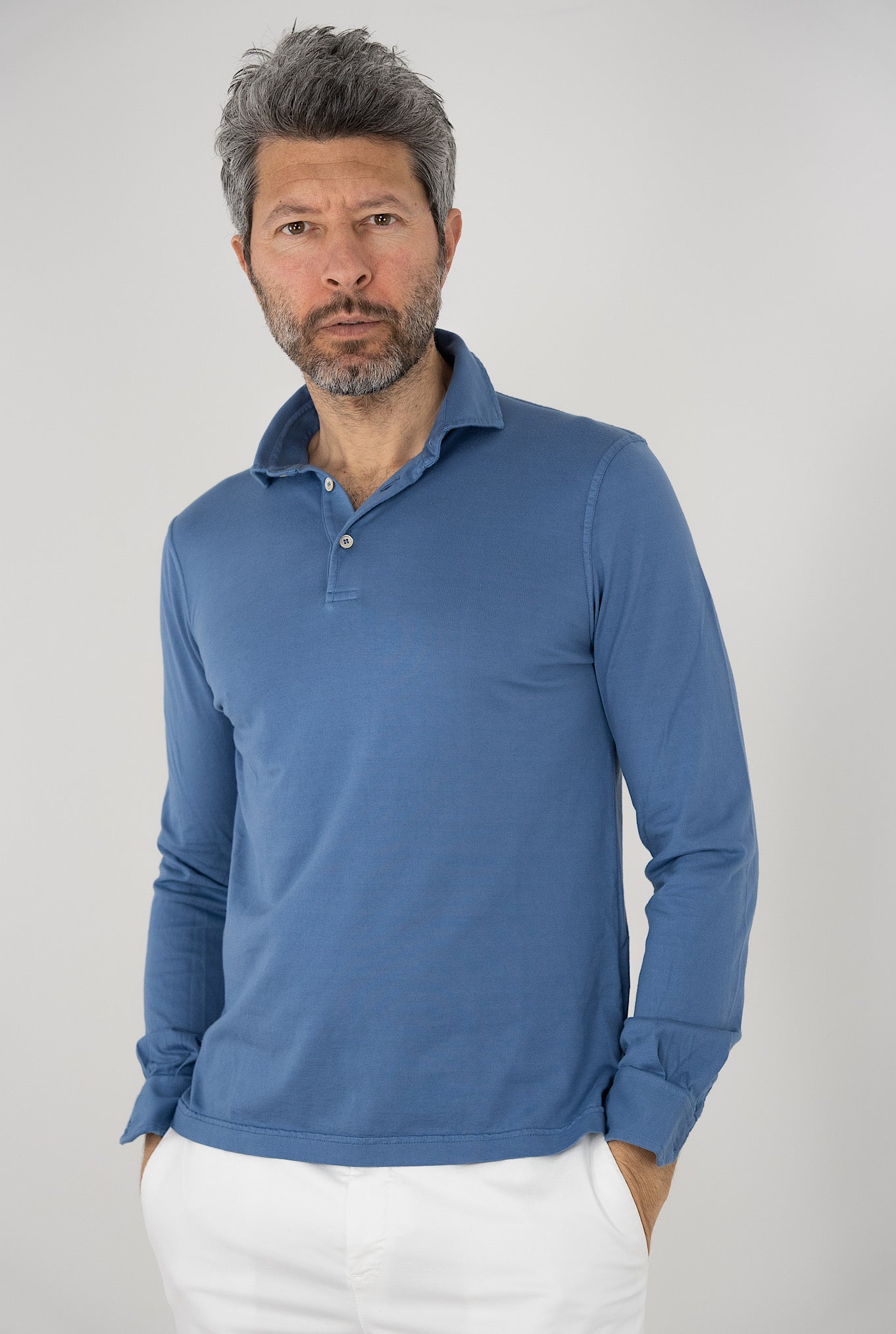 FEDELI Polo Long Sleeves mod. Zero Cotton Medium Blue