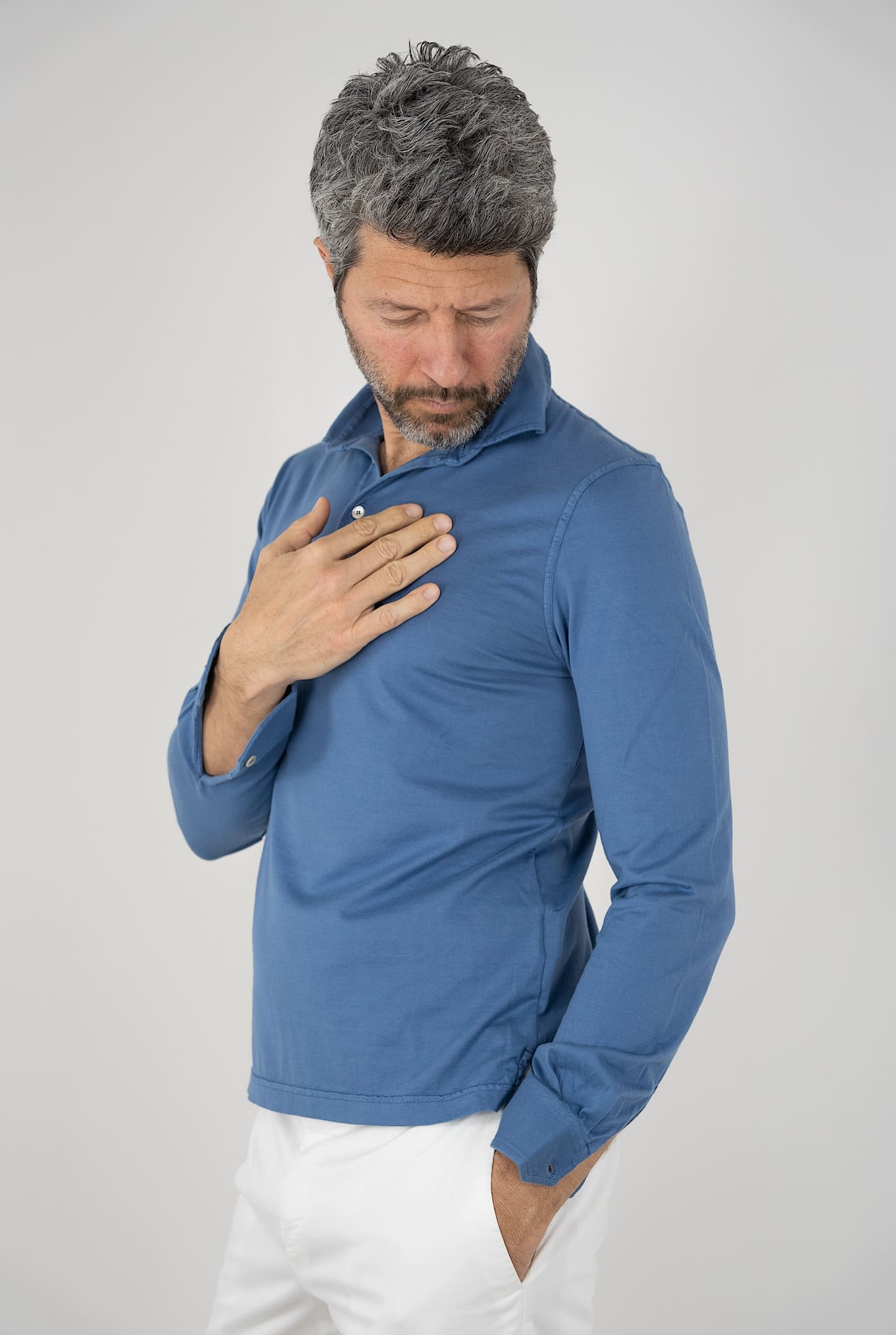 Polo Maniche Lunghe mod. Zero Cotone Blu medio FEDELI