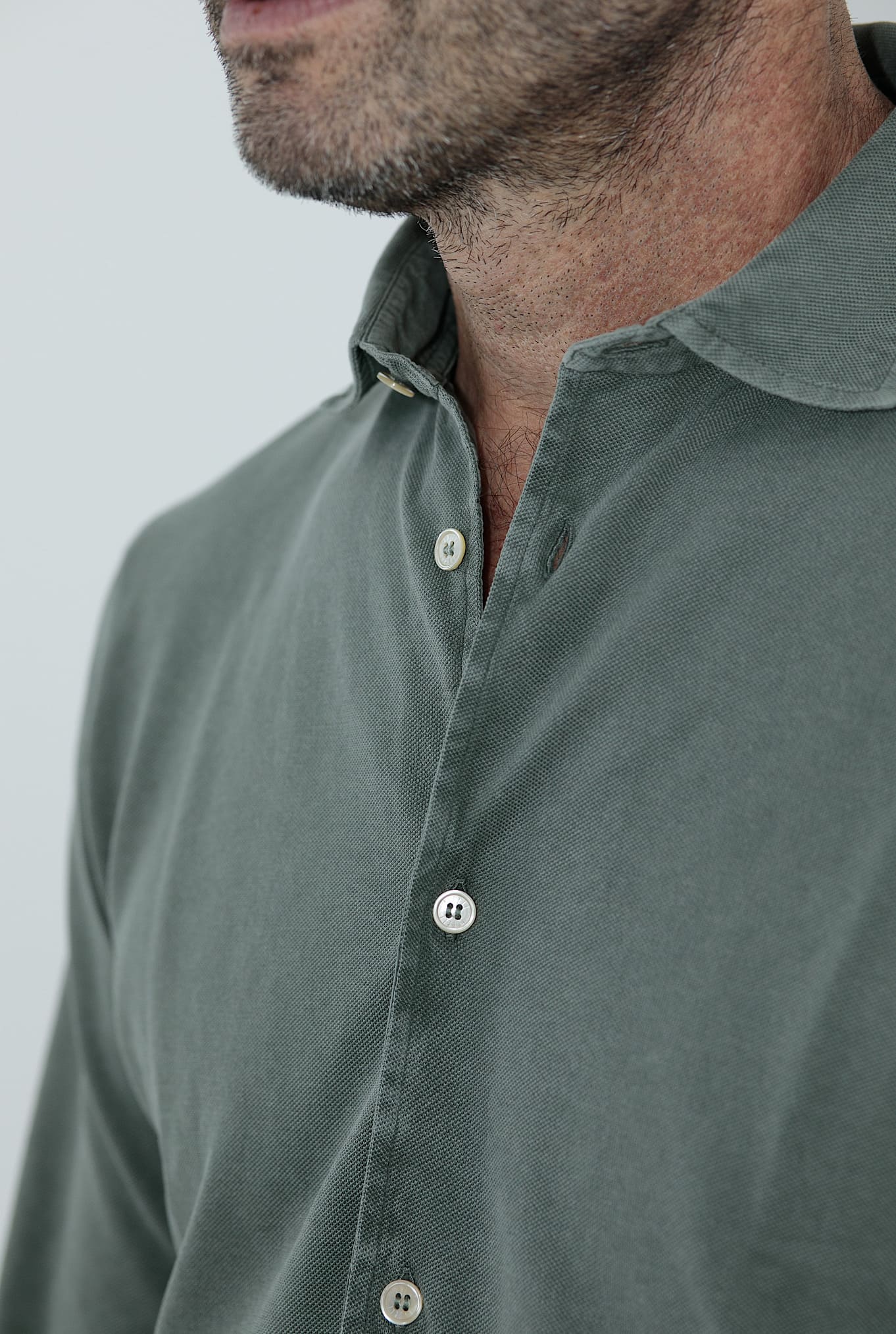 FEDELI Camicia Cotone Piquet Frosted Verde Salvia