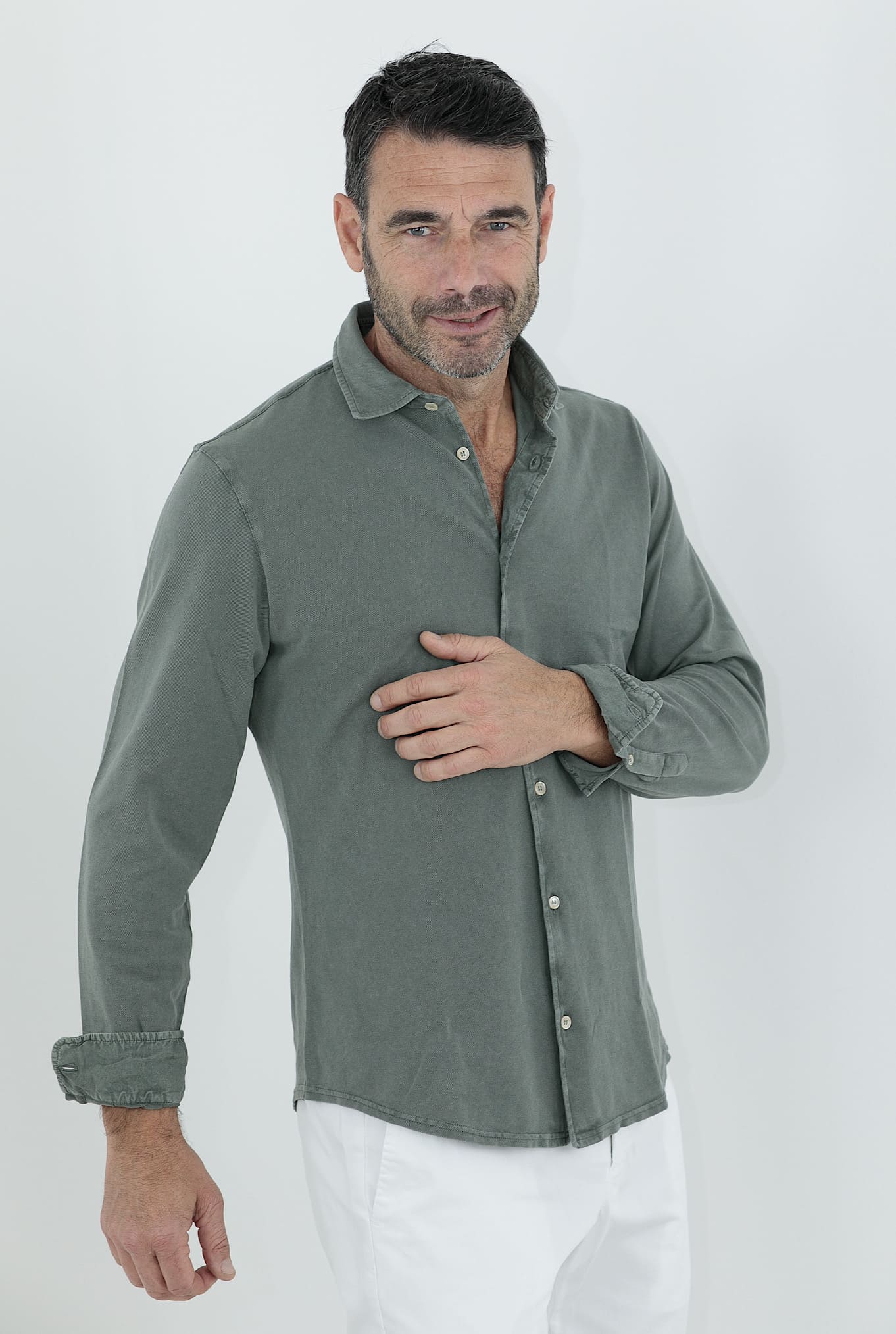 FEDELI Camicia Cotone Piquet Frosted Verde Salvia