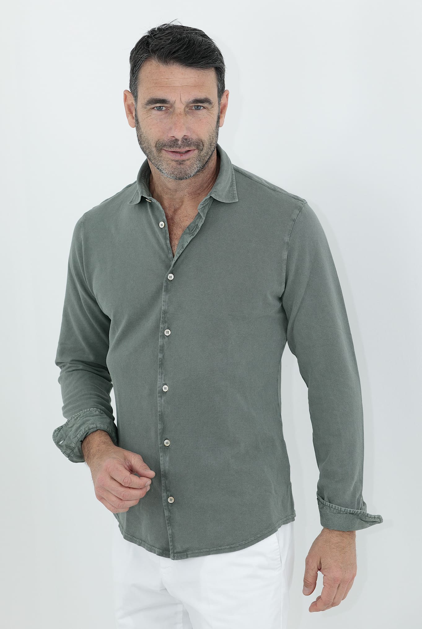 FEDELI Camicia Cotone Piquet Frosted Verde Salvia