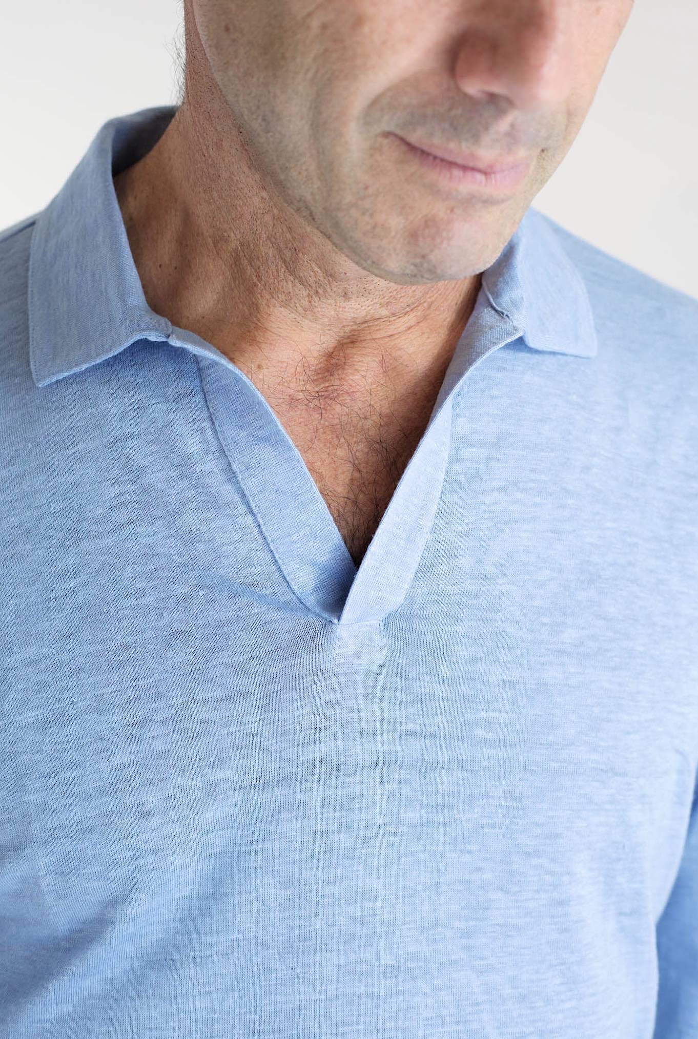 Long Sleeve Polo Shirt in Light Blue Linen Jersey