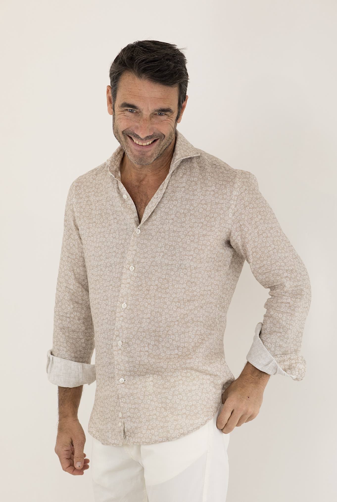 FFF Camicia Lino Stampato Beige Fantasia