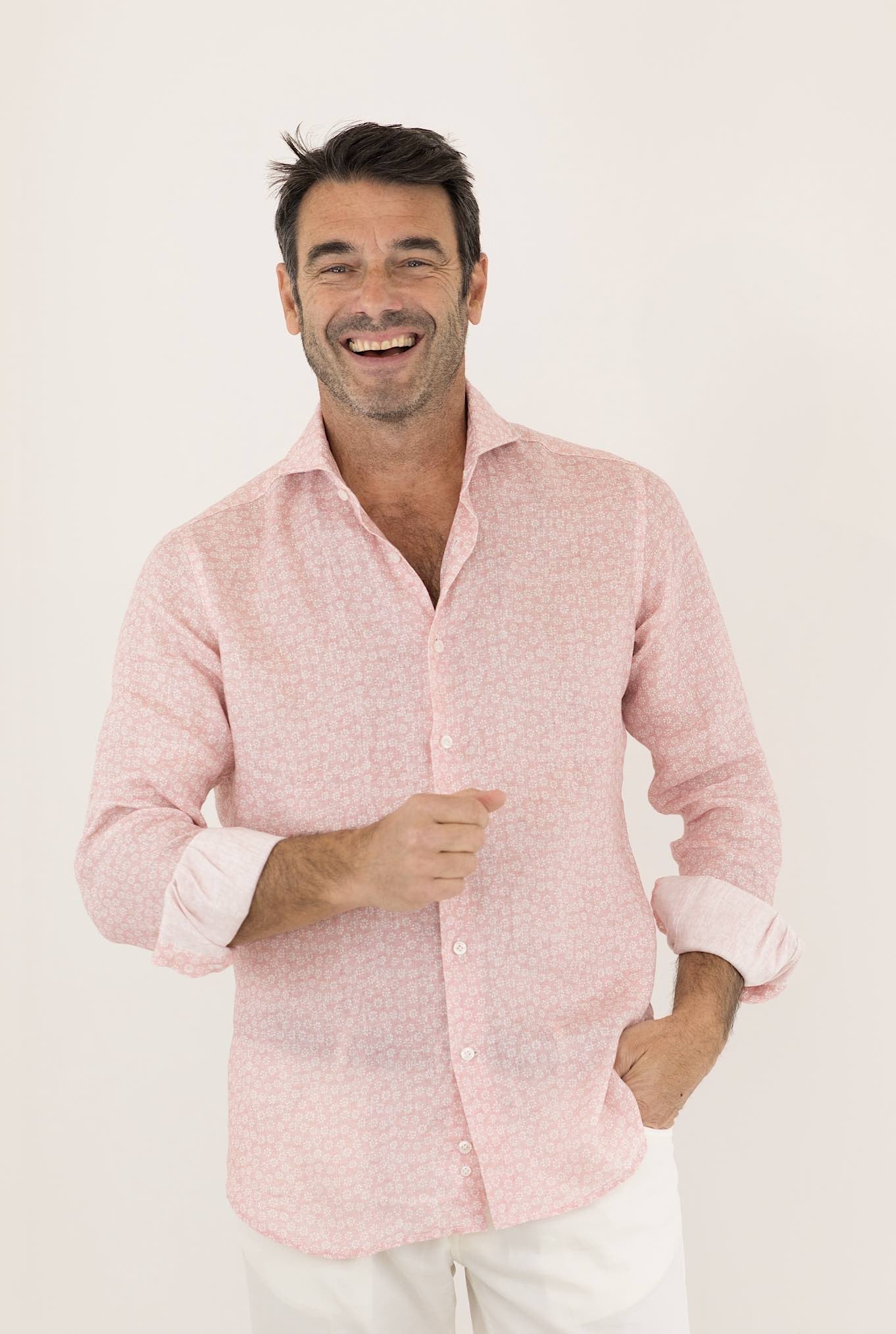 FFF Camicia Lino Stampato Rosa Fantasia