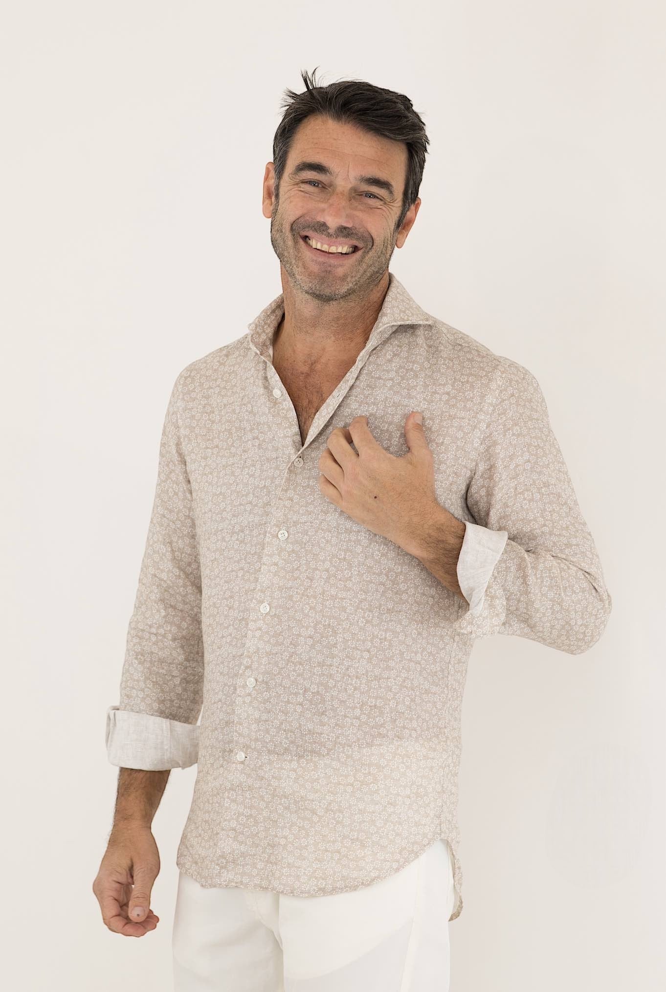 FFF Camicia Lino Stampato Beige Fantasia