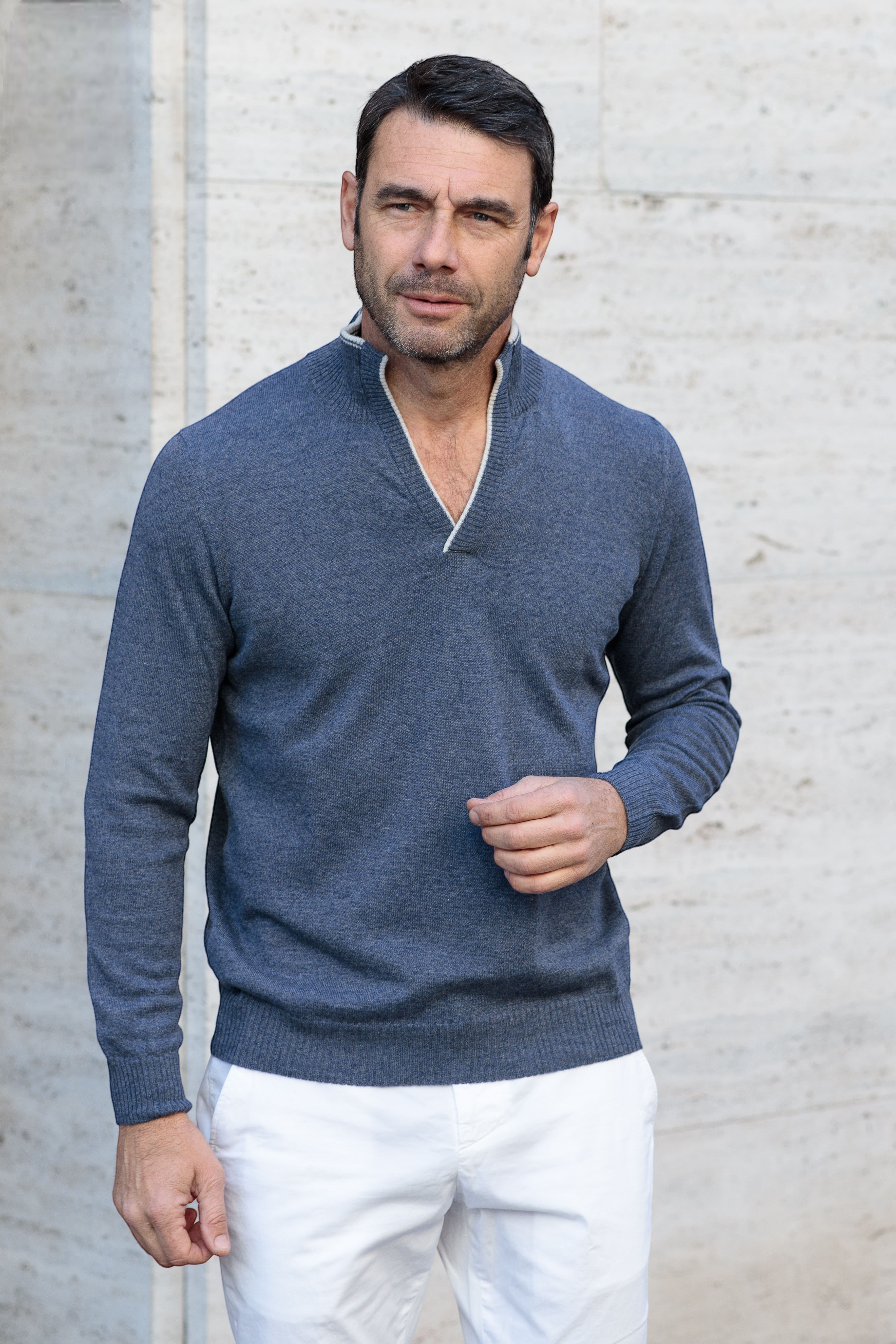 Maglia Cashmere e Lino Blu Mélange - Guarino Store