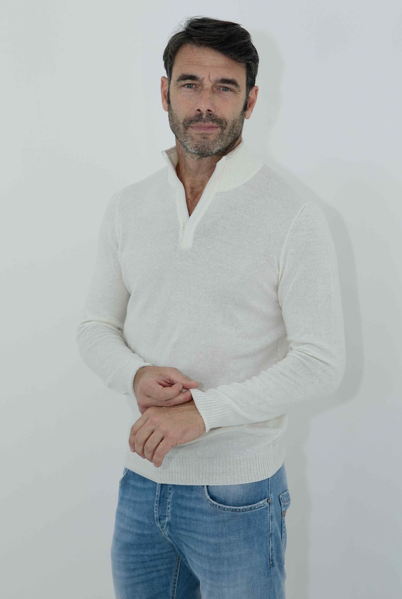 Maglia Cashmere e Lino Panna Mélange - Guarino Store