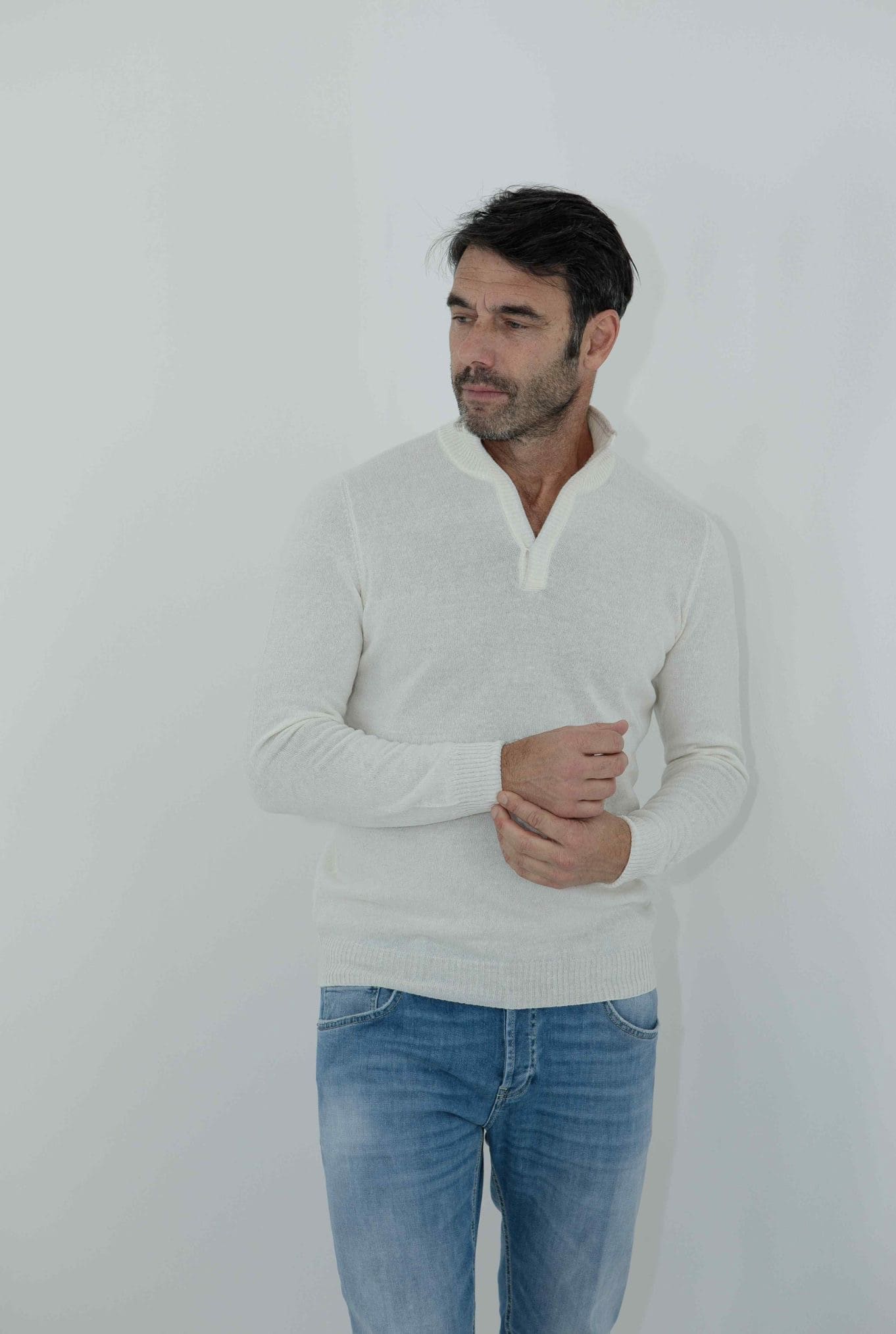 Maglia Cashmere e Lino Panna Mélange - Guarino Store