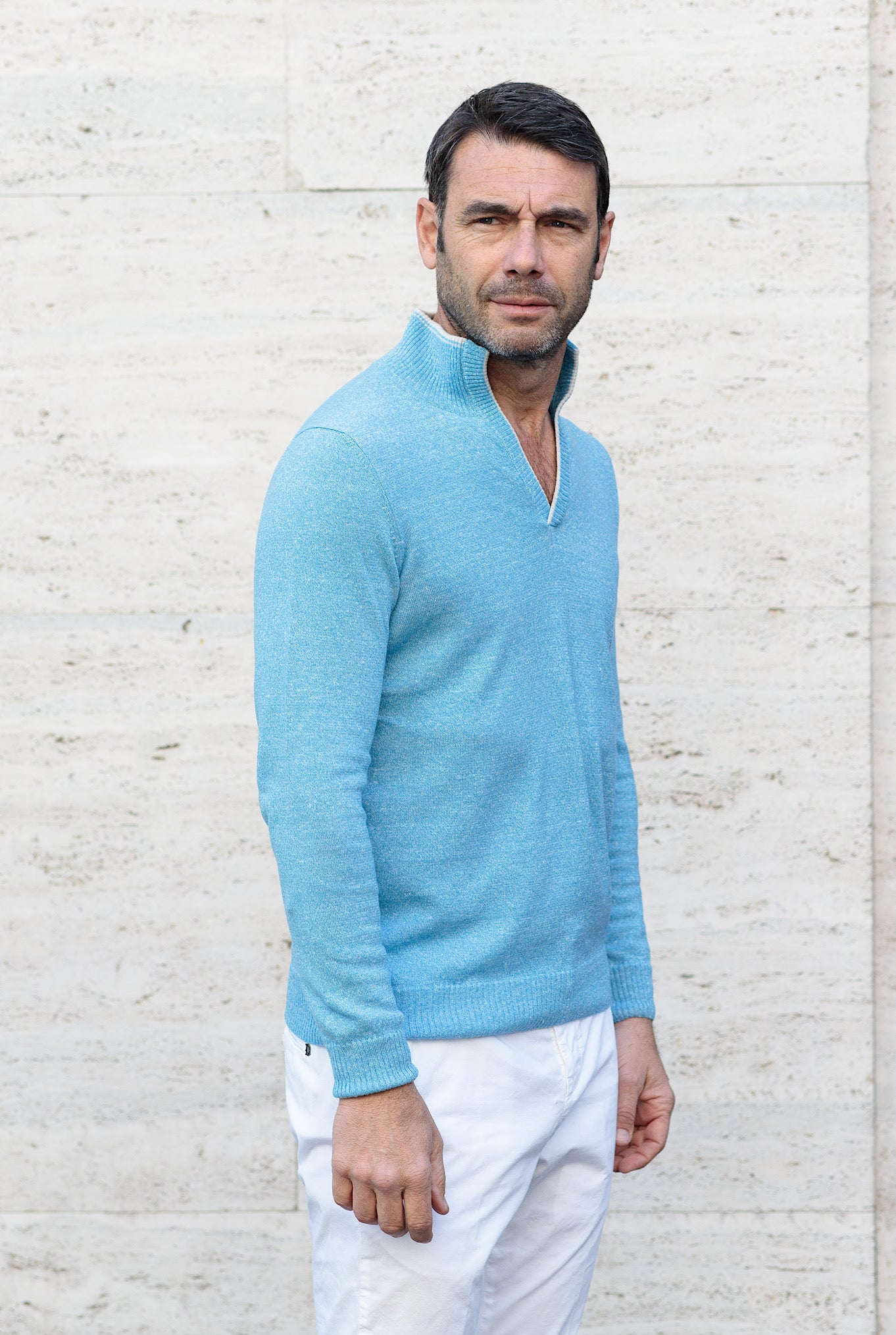Maglia Cashmere e Lino Turchese Mélange - Guarino Store