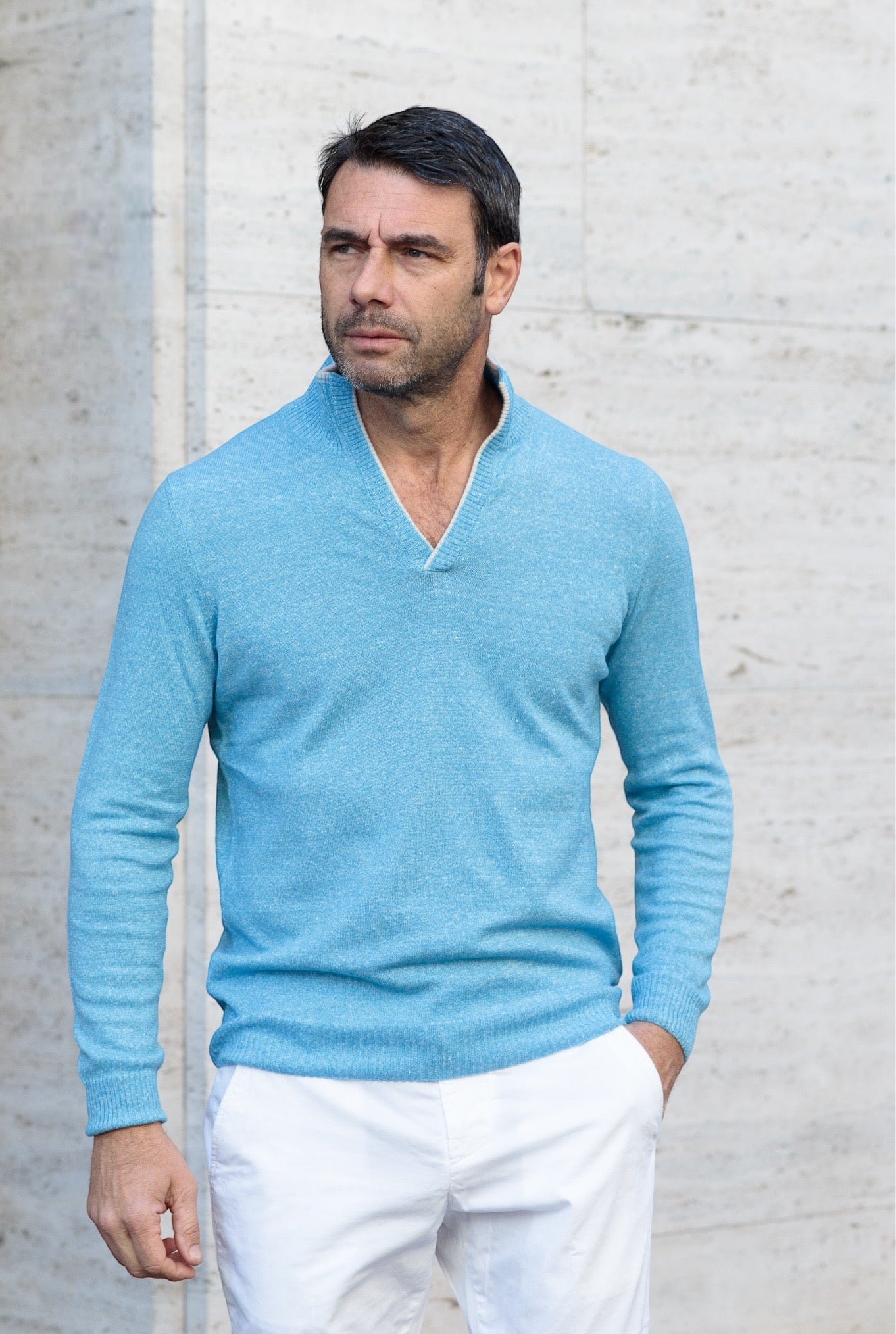Maglia Cashmere e Lino Turchese Mélange - Guarino Store