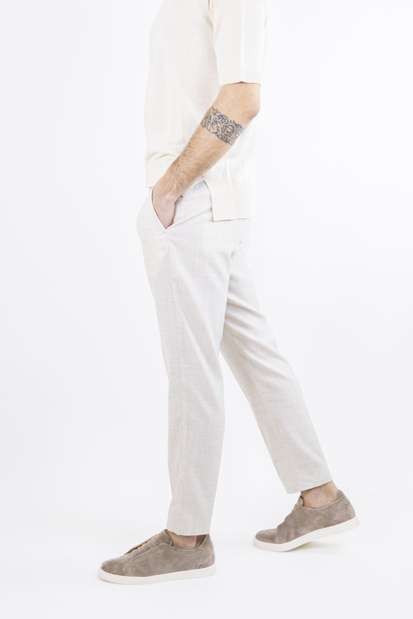 Super 160's Wool Drawstring Trousers Light Beige Mélange