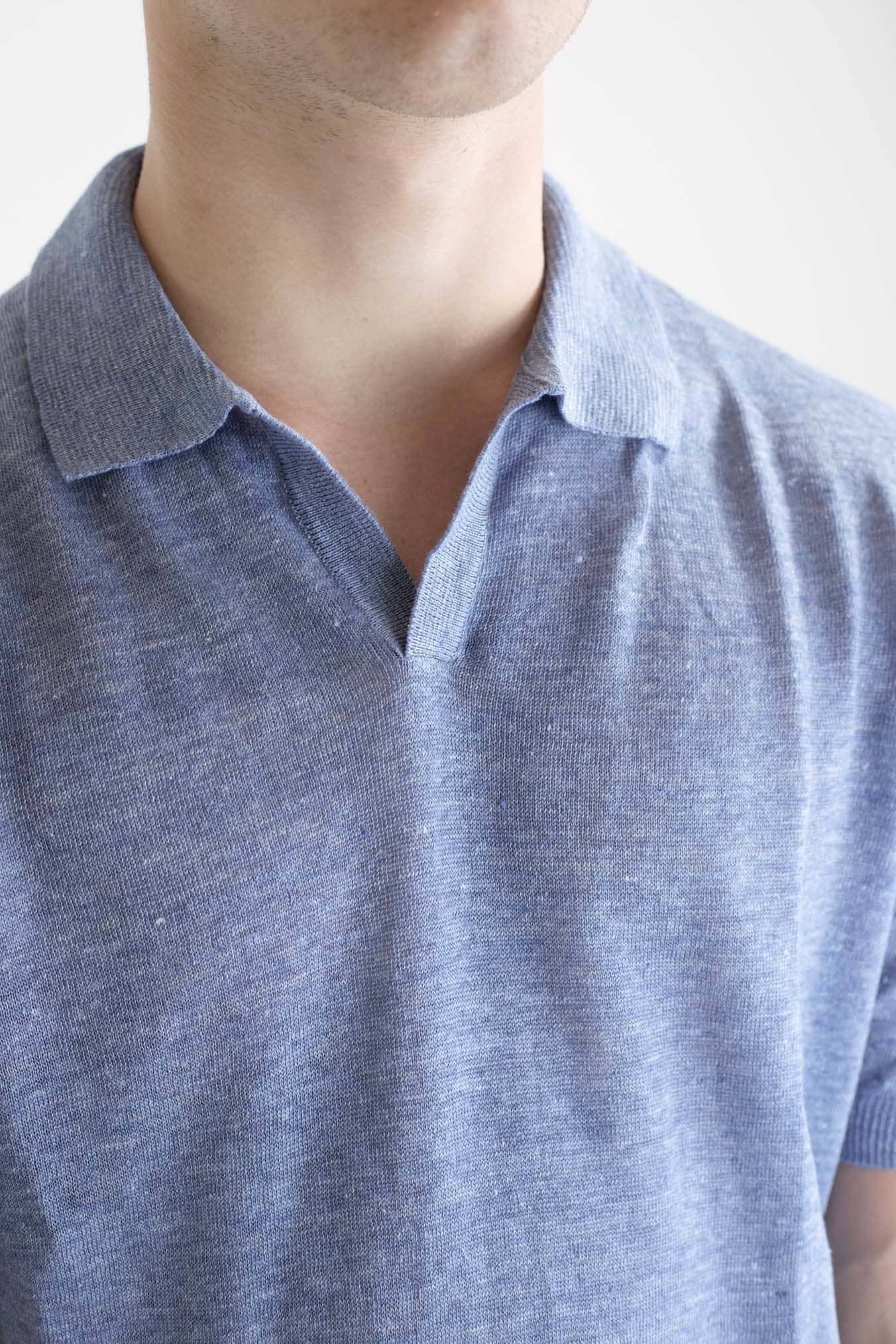 BARBA Polo Lino Maniche Corte Blu Denim Mélange