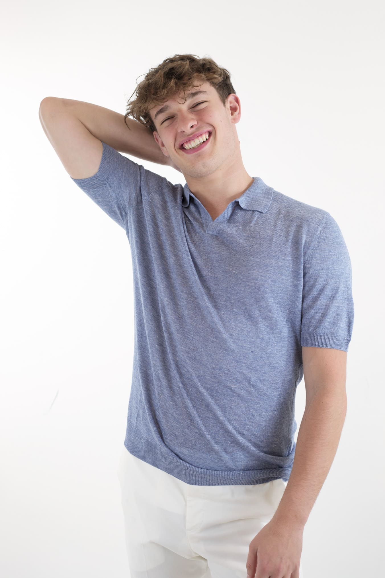 BARBA Polo Lino Maniche Corte Blu Denim Mélange