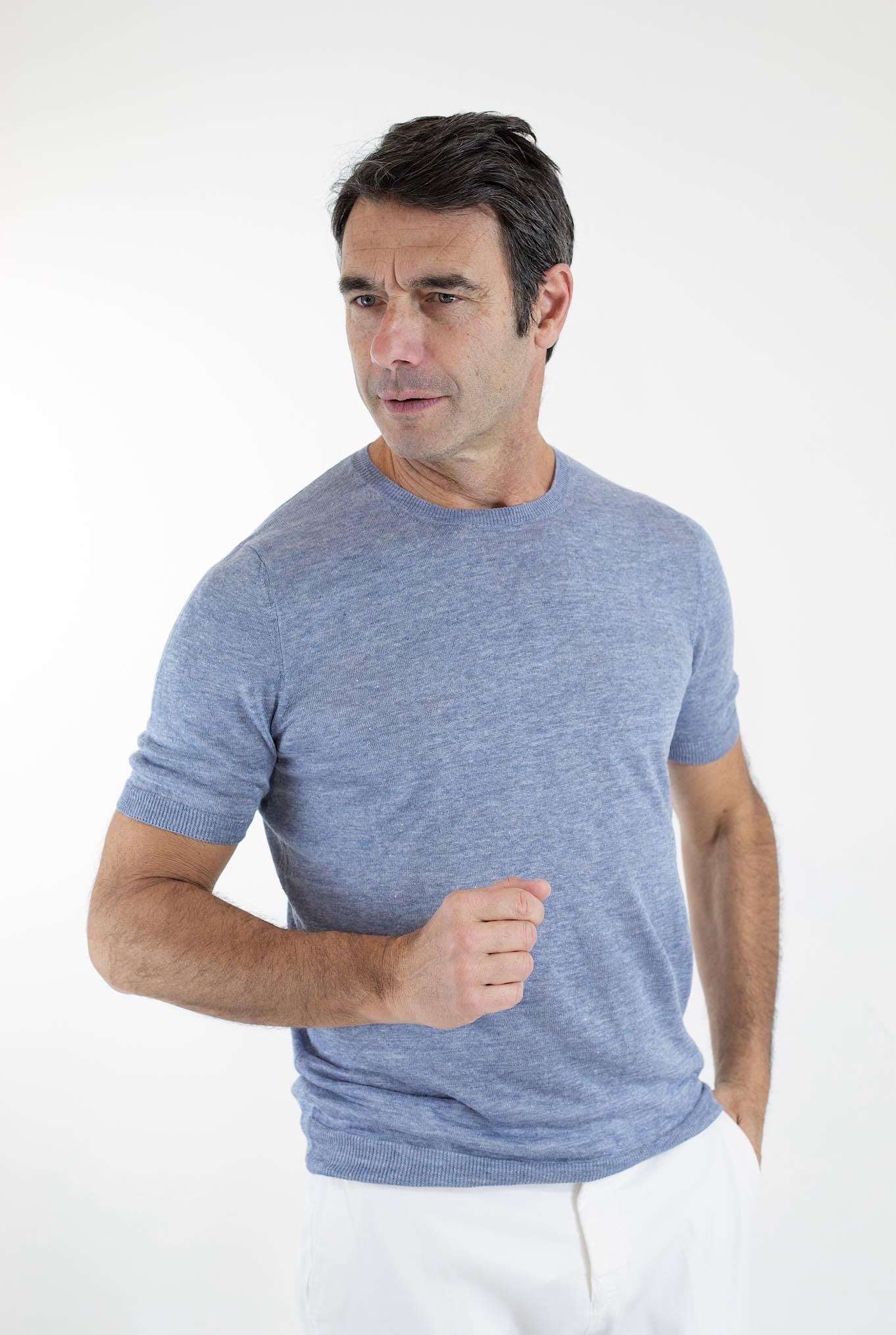 BARBA Girocollo Lino Maniche Corte Denim Mélange