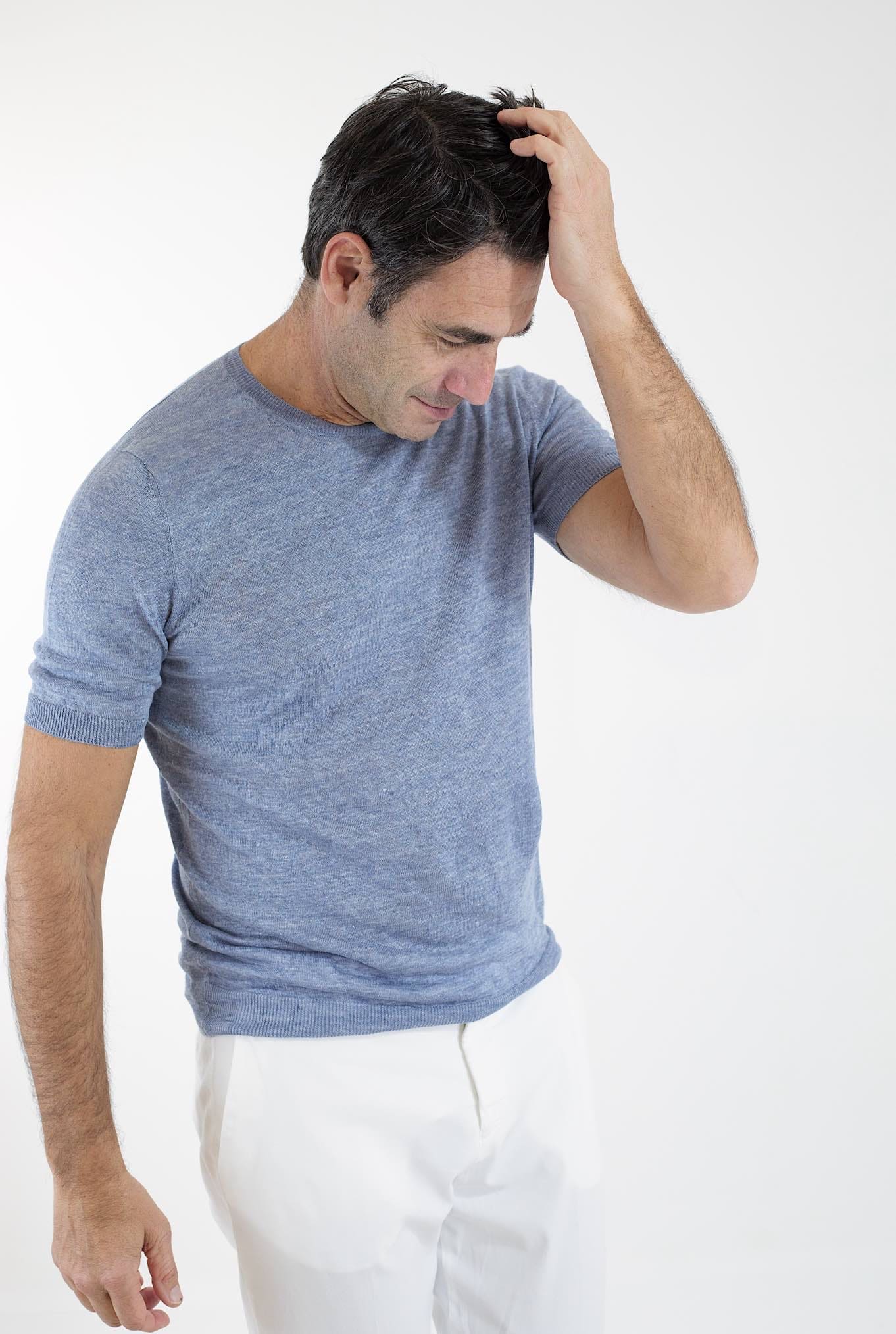 BARBA Girocollo Lino Maniche Corte Denim Mélange