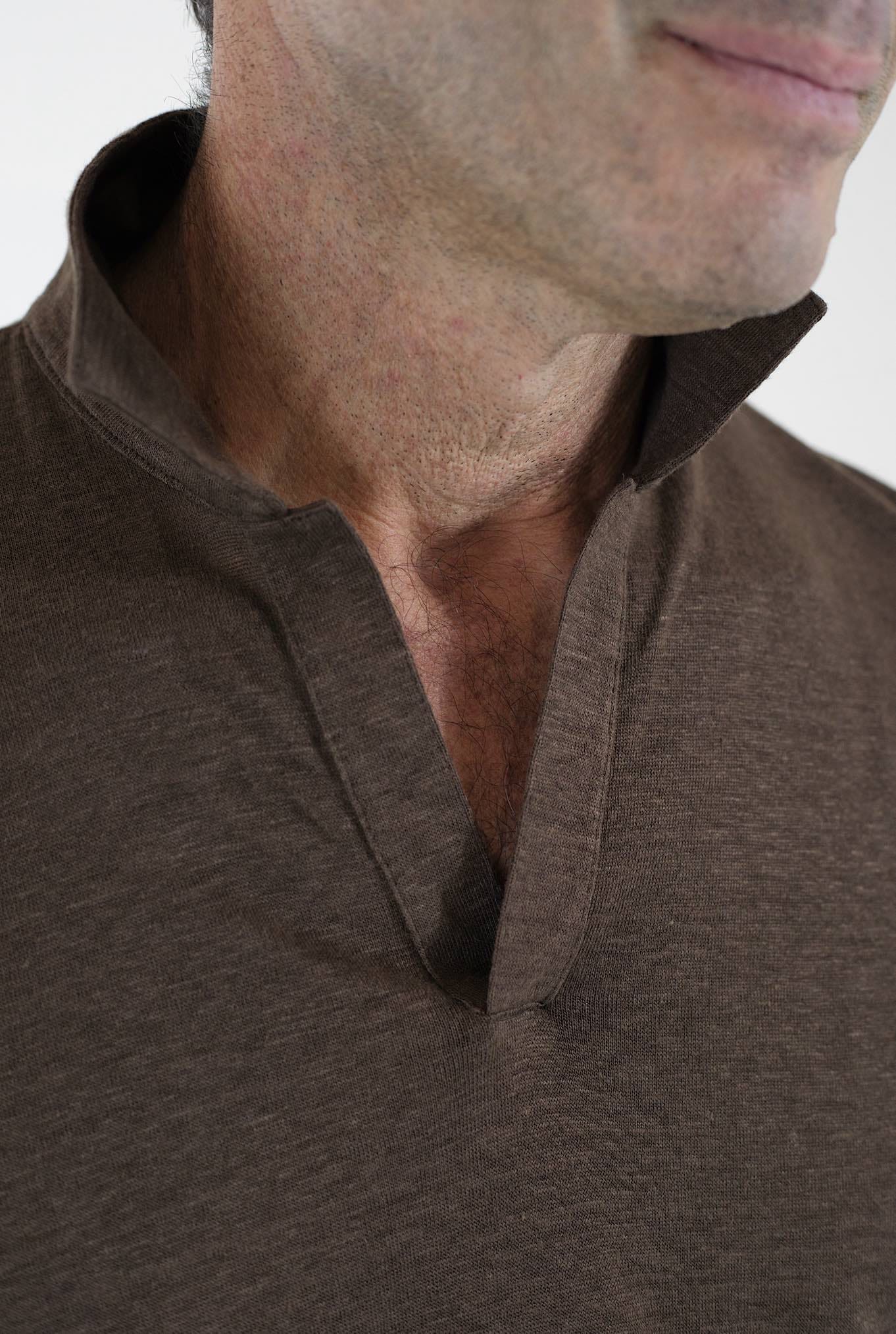 BARBA Polo Maniche Lunghe Jersey Lino Marrone