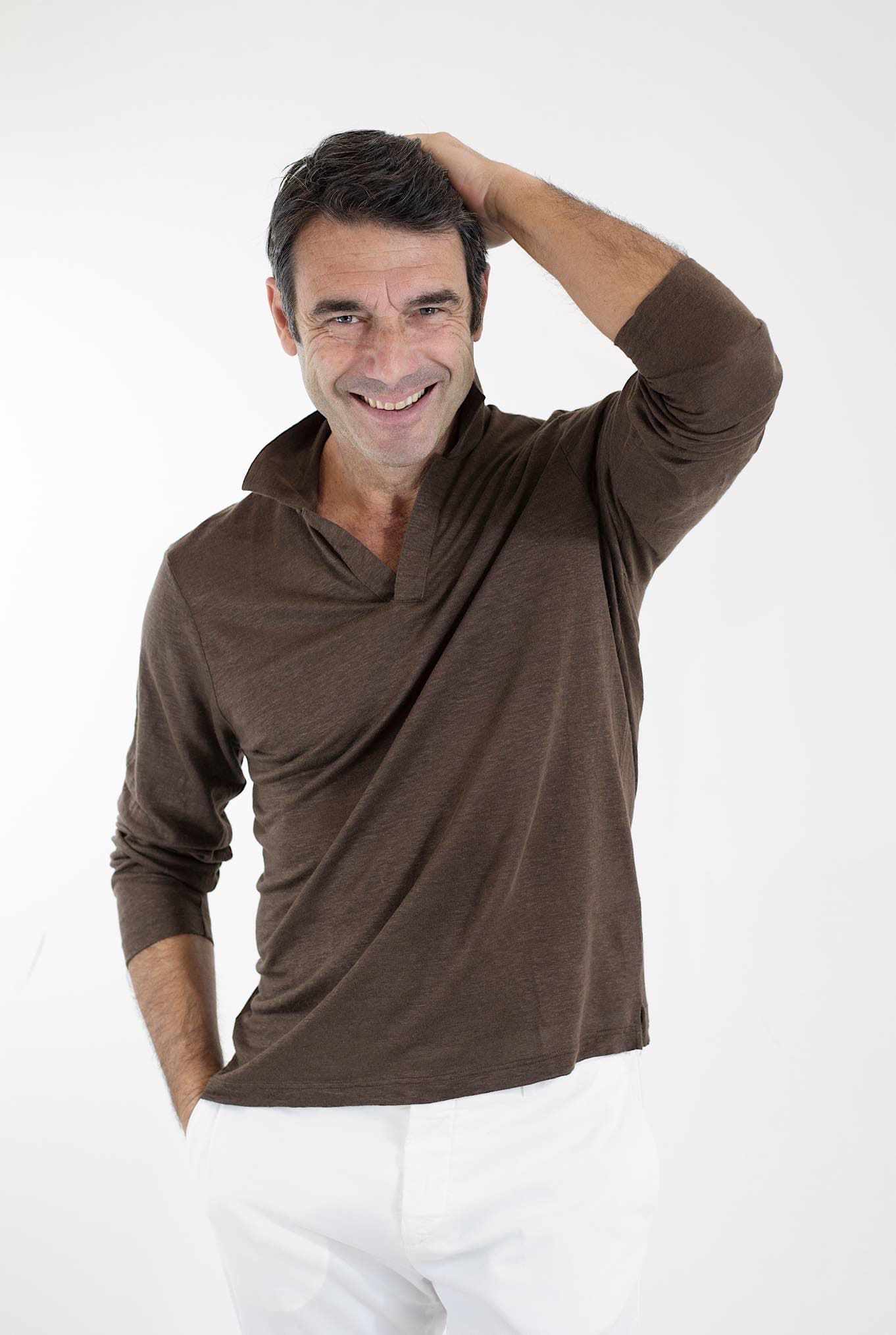 BARBA Polo Maniche Lunghe Jersey Lino Marrone