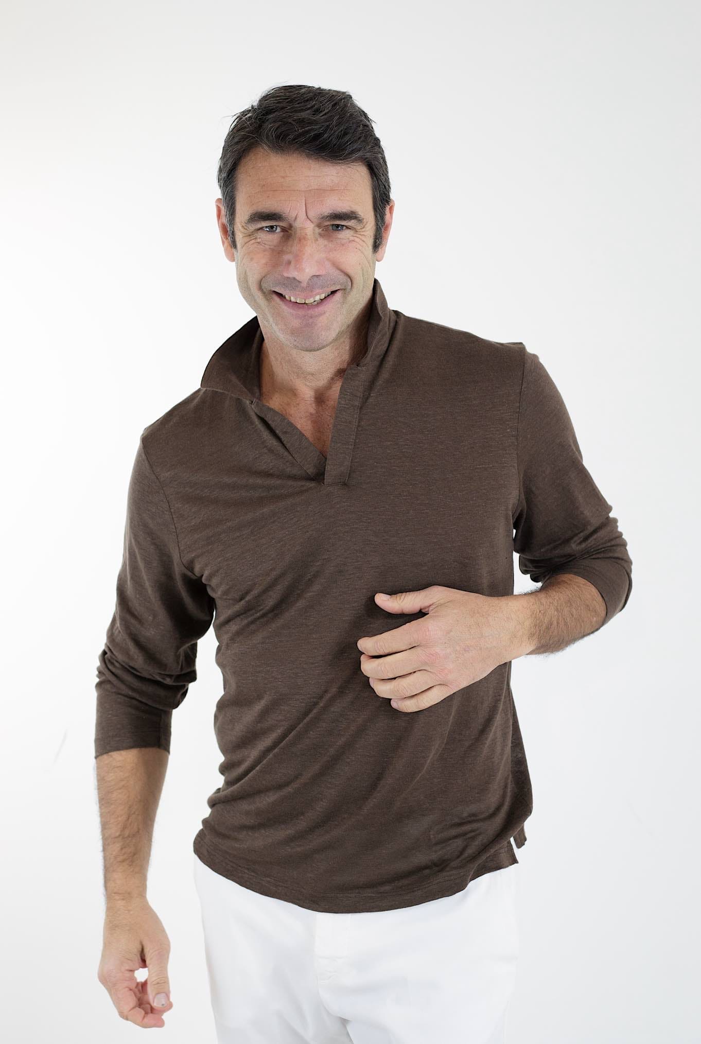 BARBA Polo Maniche Lunghe Jersey Lino Marrone