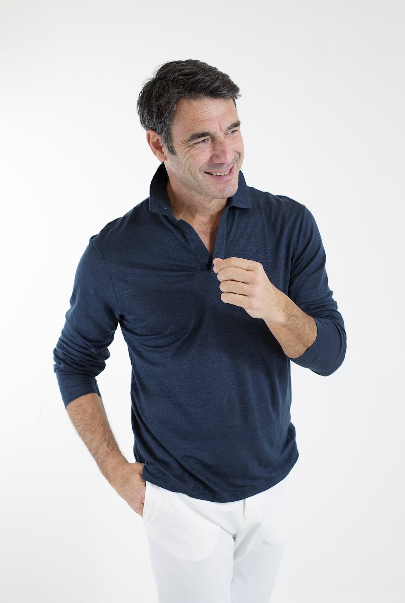 BARBA Polo Maniche Lunghe Jersey Lino Blu Petrolio