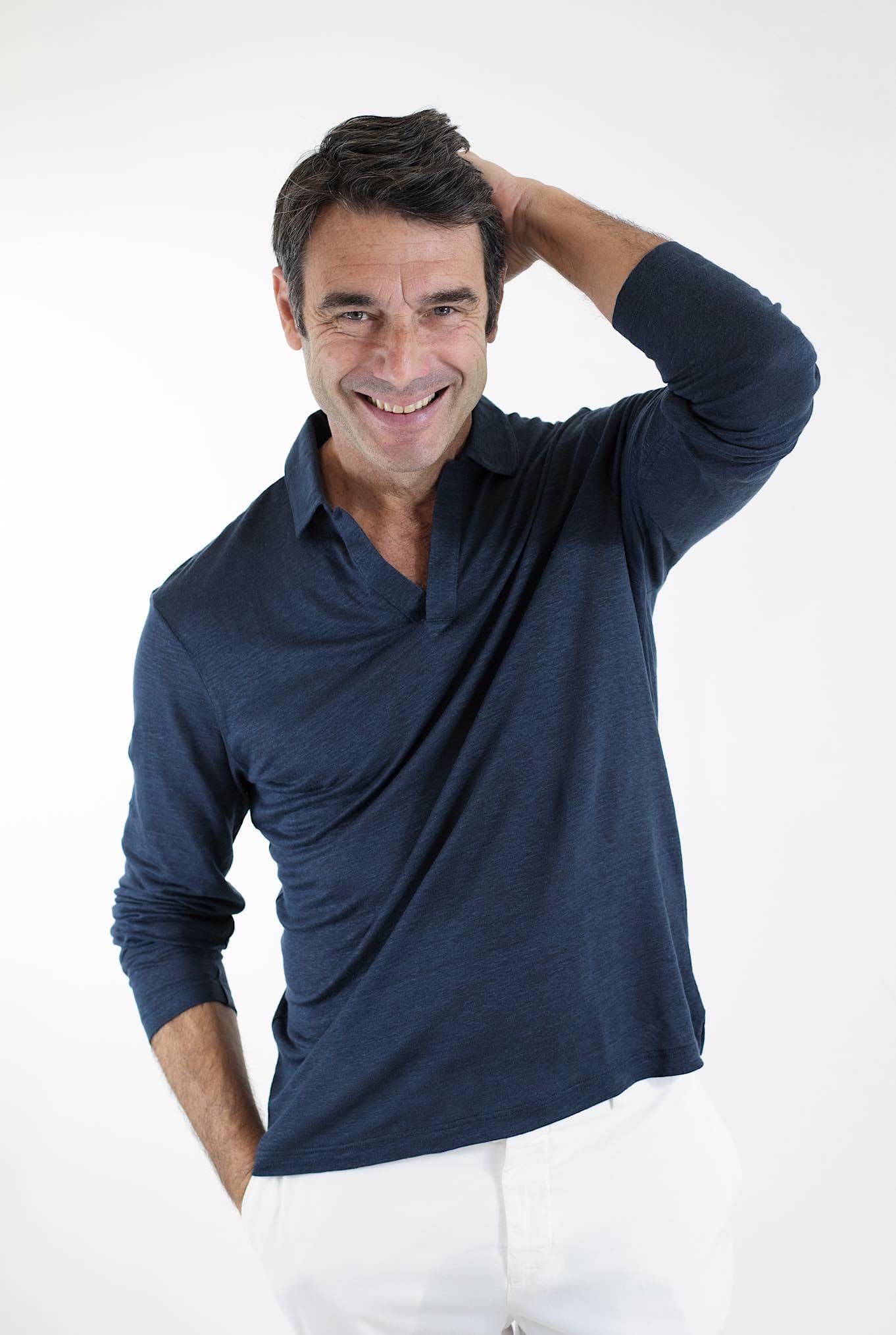 BARBA Polo Maniche Lunghe Jersey Lino Blu Petrolio