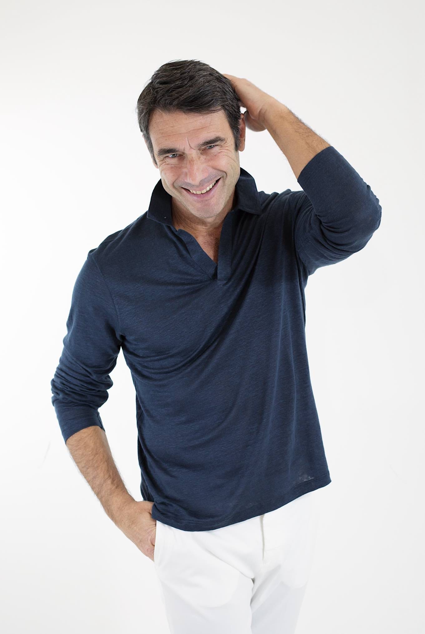 BARBA Polo Maniche Lunghe Jersey Lino Blu Petrolio