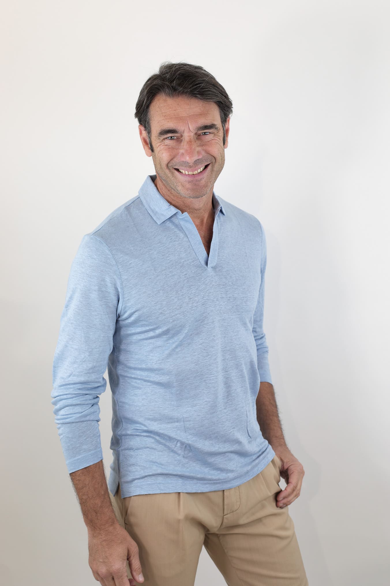 BARBA Polo Maniche Lunghe Jersey Lino Celeste