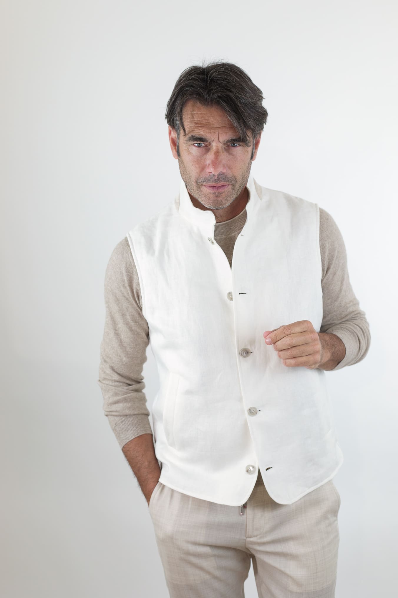 BARBA Gilet in Lino Bianco