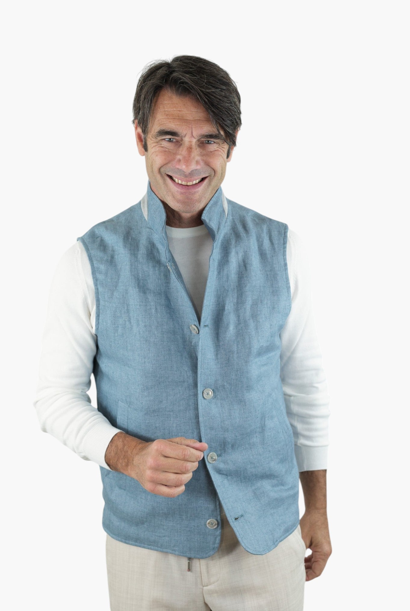 BARBA Gilet in Lino Azzurro
