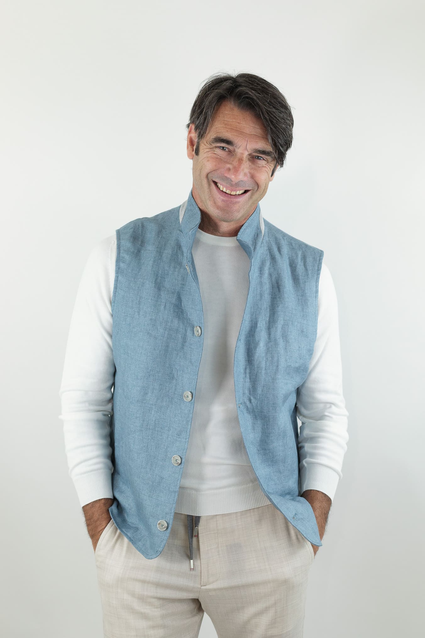 BARBA Gilet in Lino Azzurro
